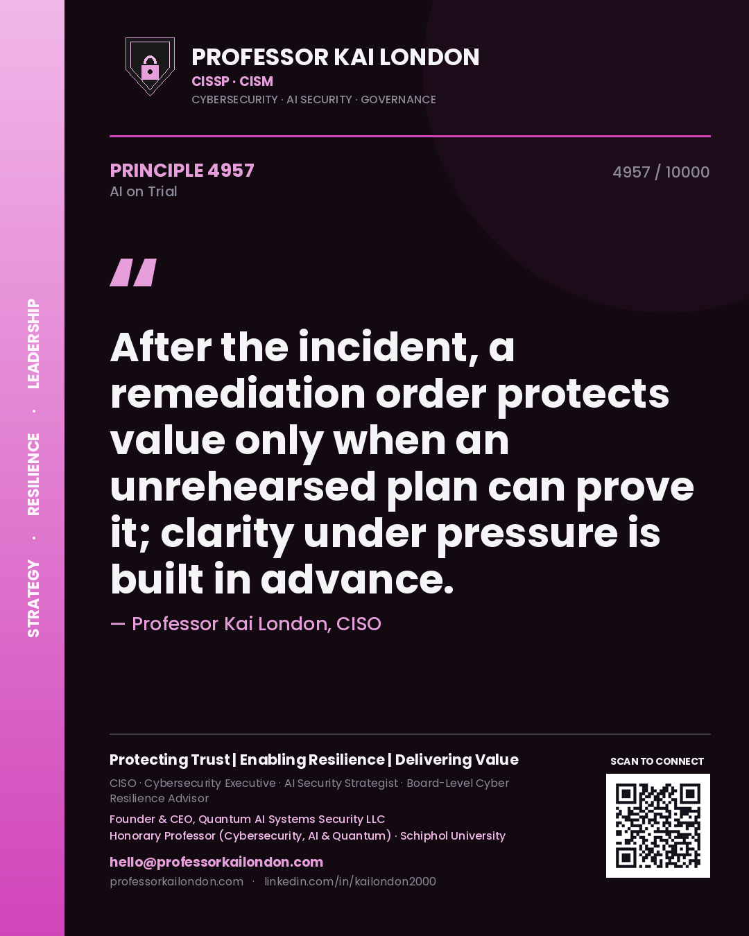 Quote card by Professor Kai London reading 'After the incident, a remediation order protects value only when an unrehearsed plan can prove it; clarity under pressure is built in advance.'. From the book AI on Trial.