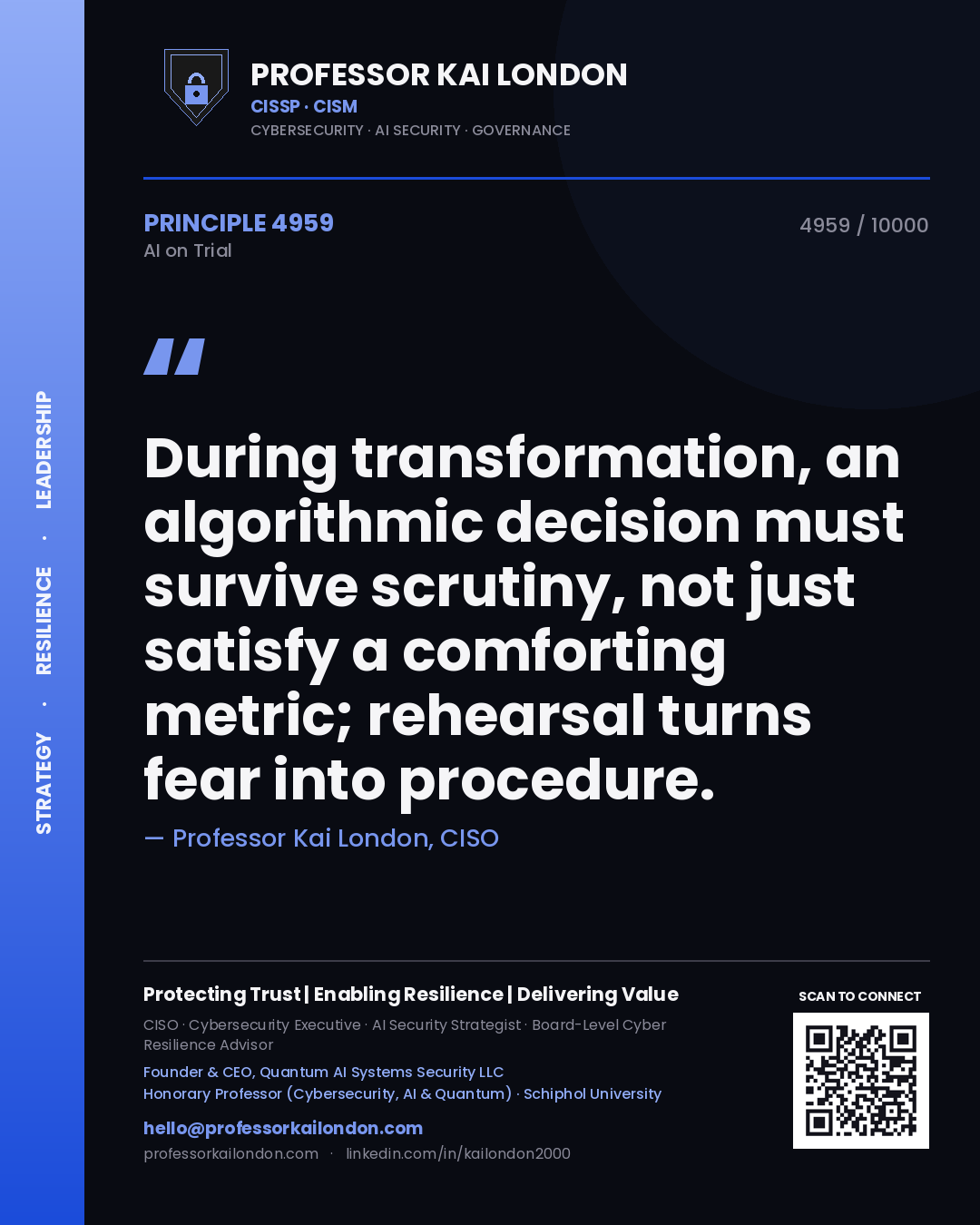 Professor Kai London principle 4959: During transformation, an algorithmic decision must survive scrutiny, not just satisfy a comforting metric; rehearsal turns fear into procedure.