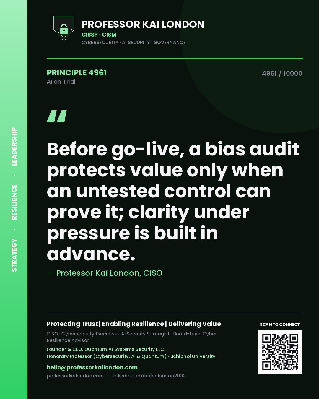 Quote card by Professor Kai London reading 'Before go-live, a bias audit protects value only when an untested control can prove it; clarity under pressure is built in advance.'. From the book AI on Trial.