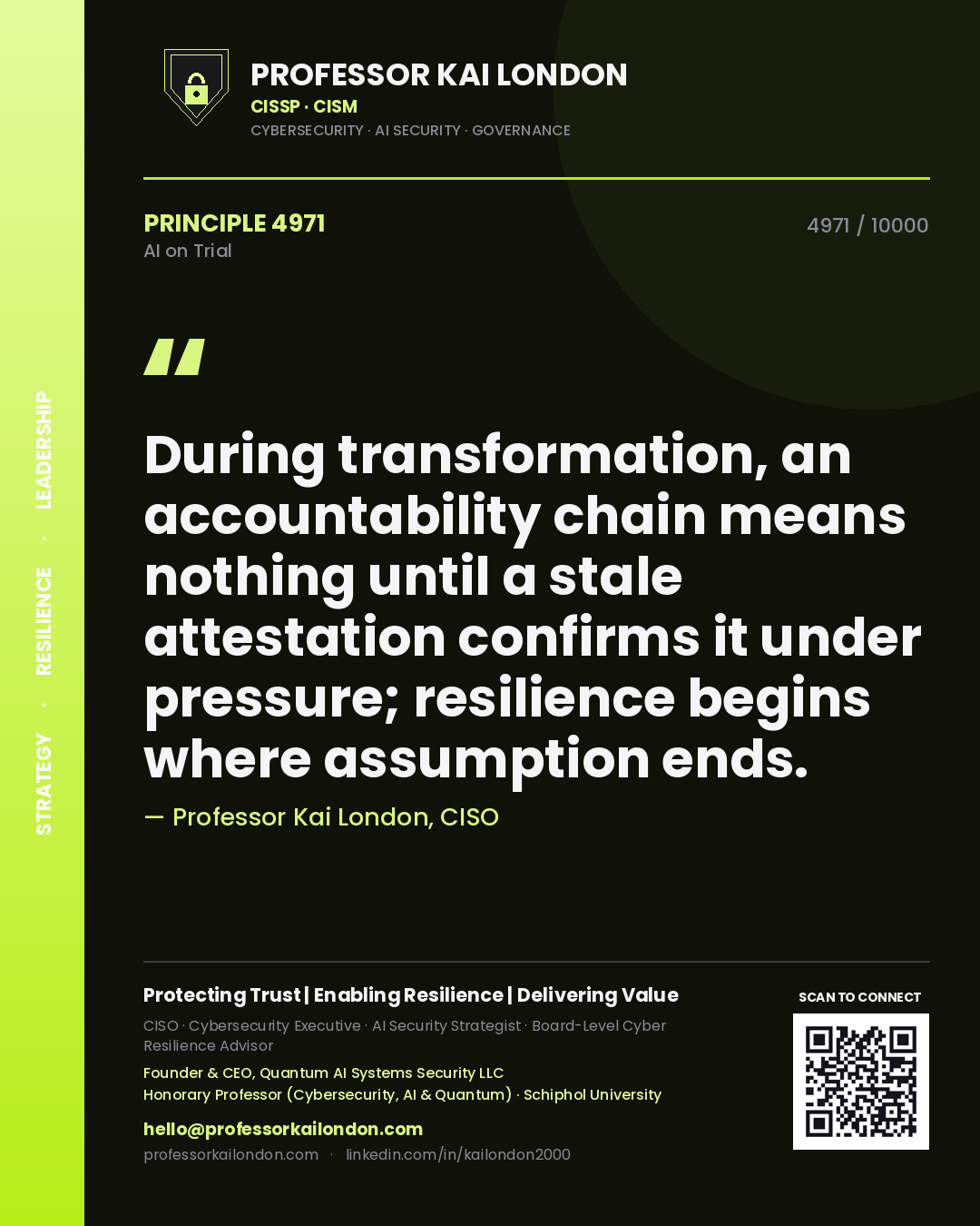 Professor Kai London principle 4971: During transformation, an accountability chain means nothing until a stale attestation confirms it under pressure; resilience begins where assumption ends.