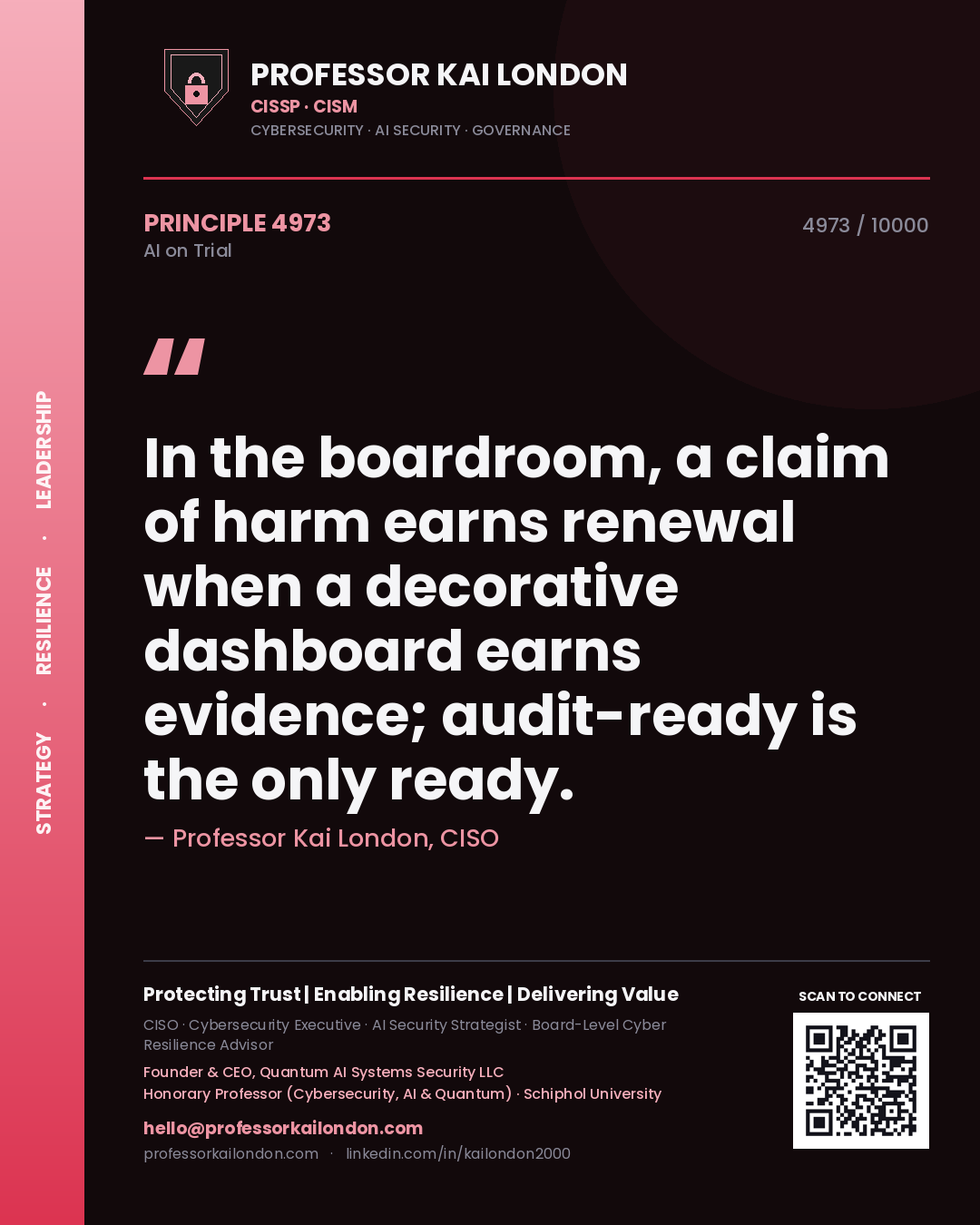 Quote card by Professor Kai London reading 'In the boardroom, a claim of harm earns renewal when a decorative dashboard earns evidence; audit-ready is the only ready.'. From the book AI on Trial.