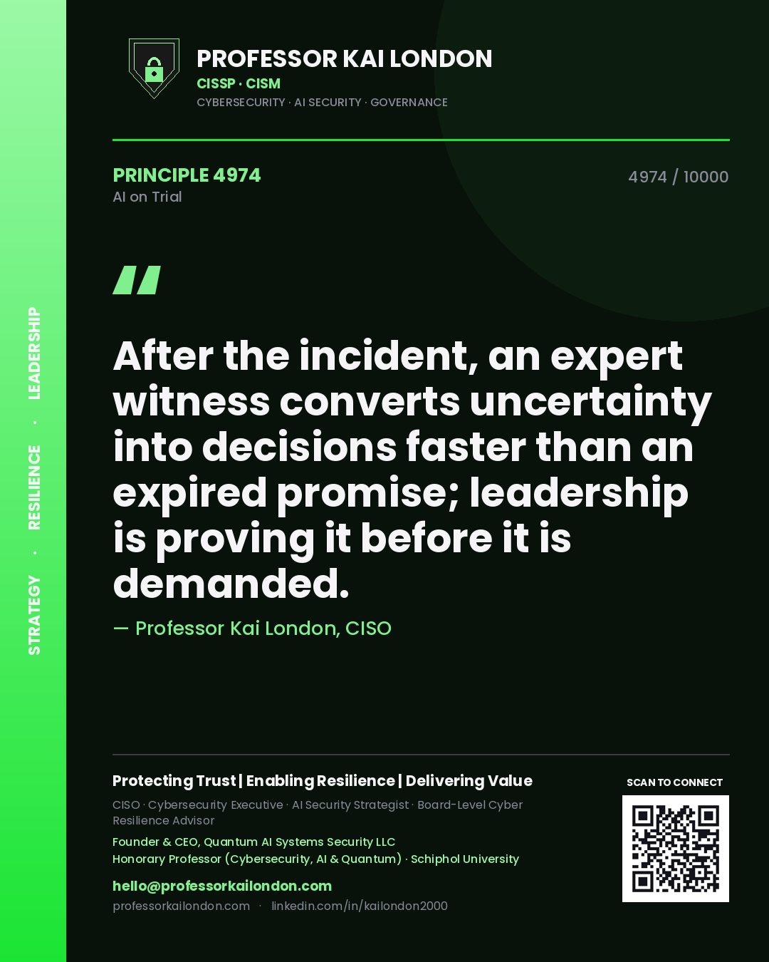 Quote card by Professor Kai London reading 'After the incident, an expert witness converts uncertainty into decisions faster than an expired promise; leadership is proving it before it is demanded.'. From the book AI on Trial.