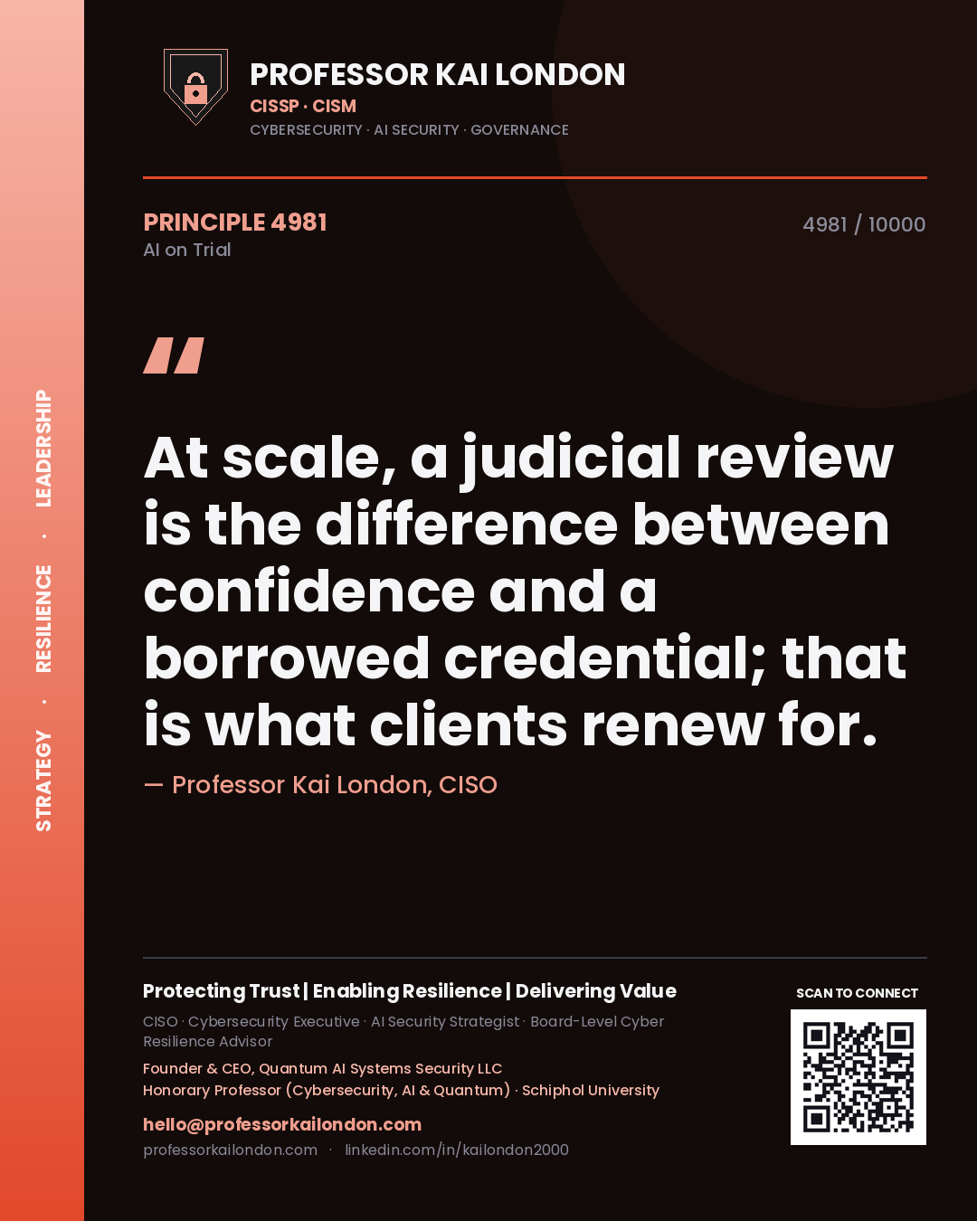 Quote card by Professor Kai London reading 'At scale, a judicial review is the difference between confidence and a borrowed credential; that is what clients renew for.'. From the book AI on Trial.