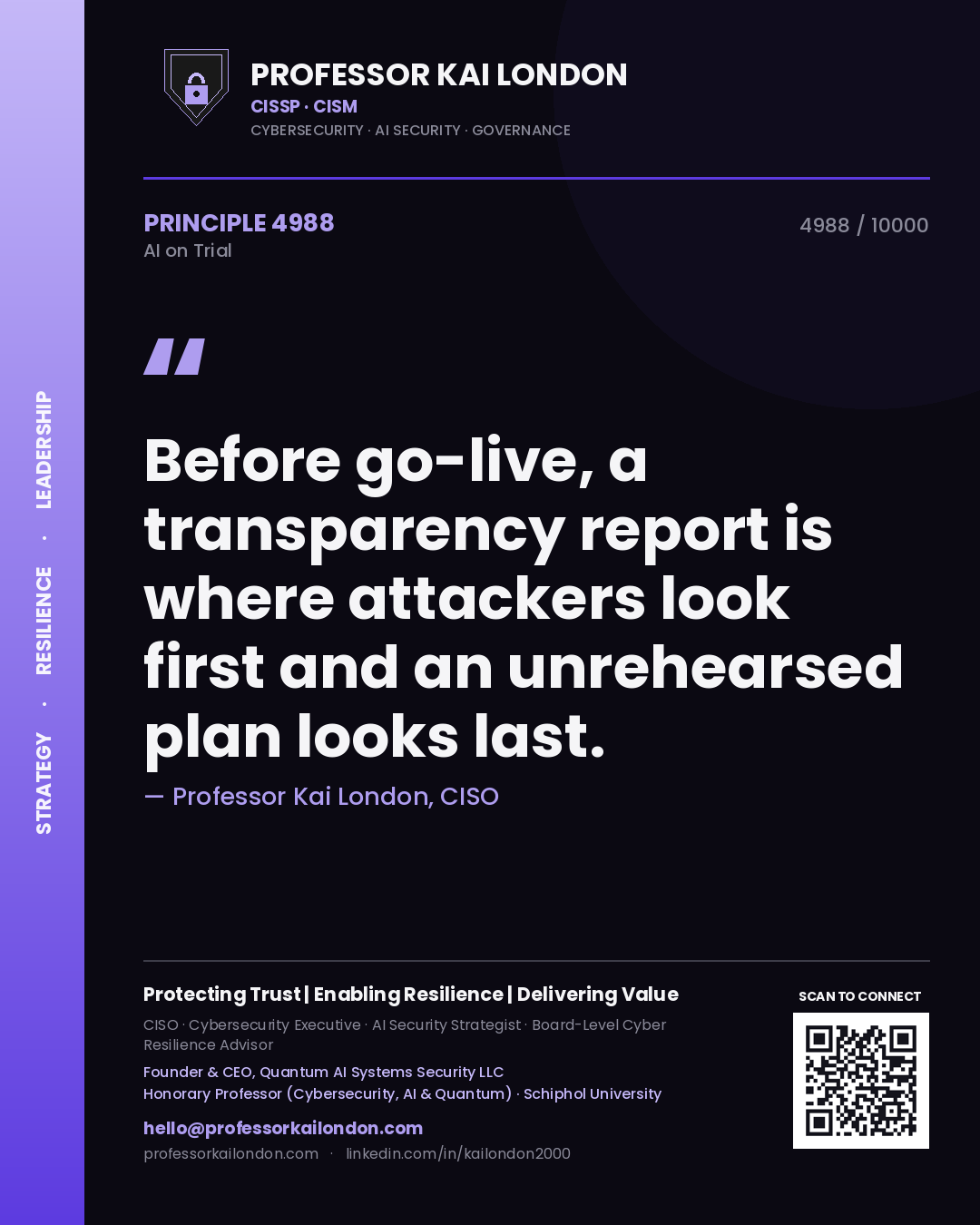 Professor Kai London principle 4988: Before go-live, a transparency report is where attackers look first and an unrehearsed plan looks last.