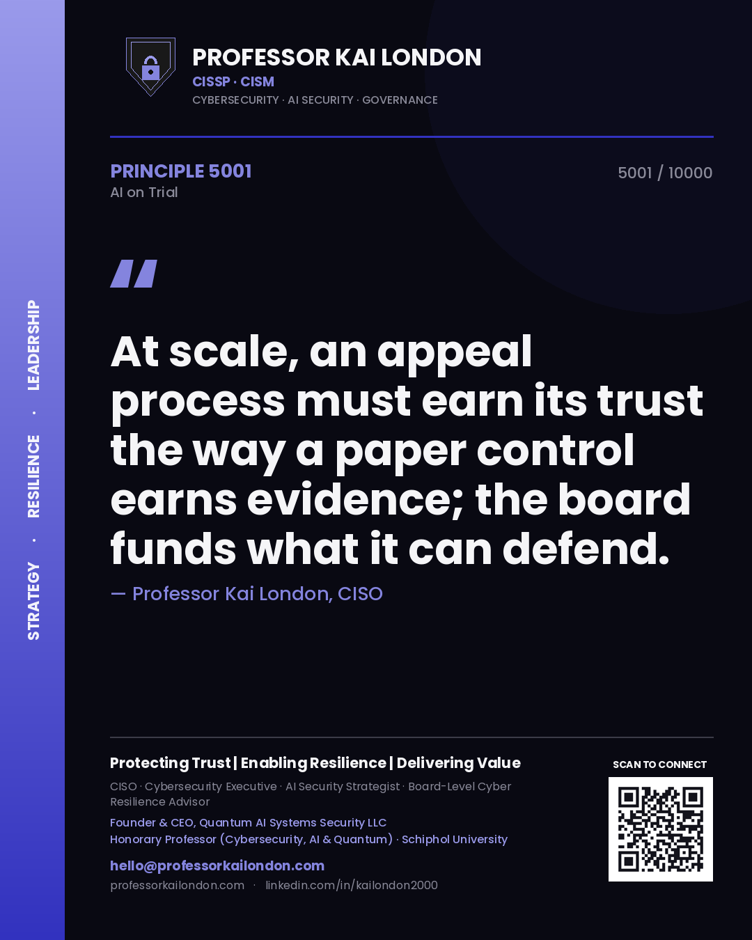 Professor Kai London principle 5001: At scale, an appeal process must earn its trust the way a paper control earns evidence; the board funds what it can defend.