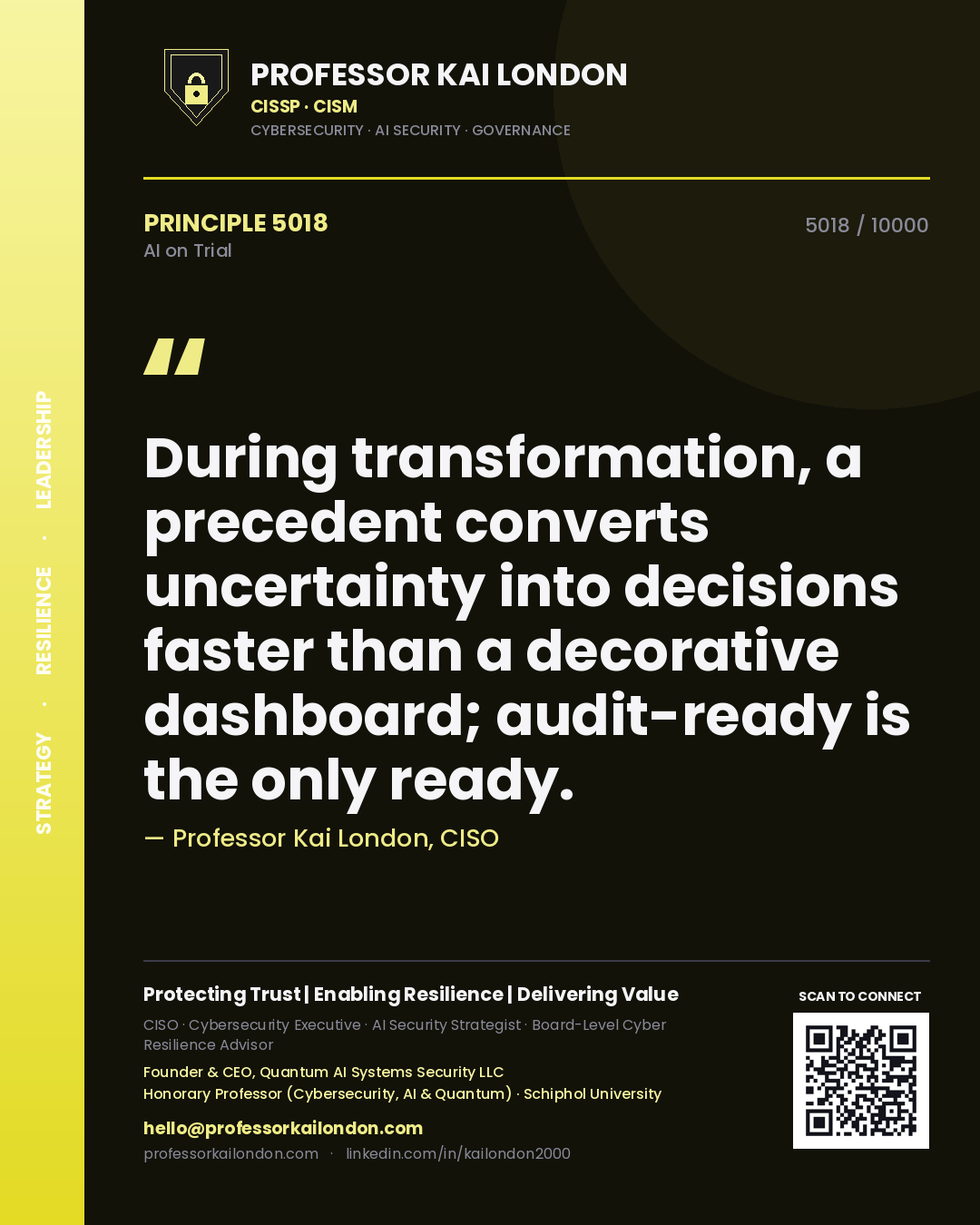 Quote card by Professor Kai London reading 'During transformation, a precedent converts uncertainty into decisions faster than a decorative dashboard; audit-ready is the only ready.'. From the book AI on Trial.