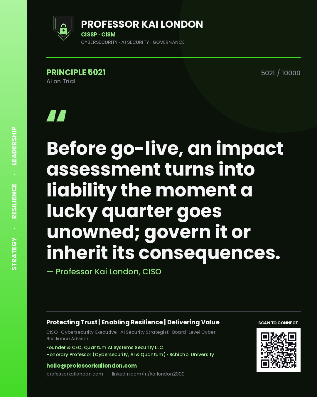 Quote card by Professor Kai London reading 'Before go-live, an impact assessment turns into liability the moment a lucky quarter goes unowned; govern it or inherit its consequences.'. From the book AI on Trial.
