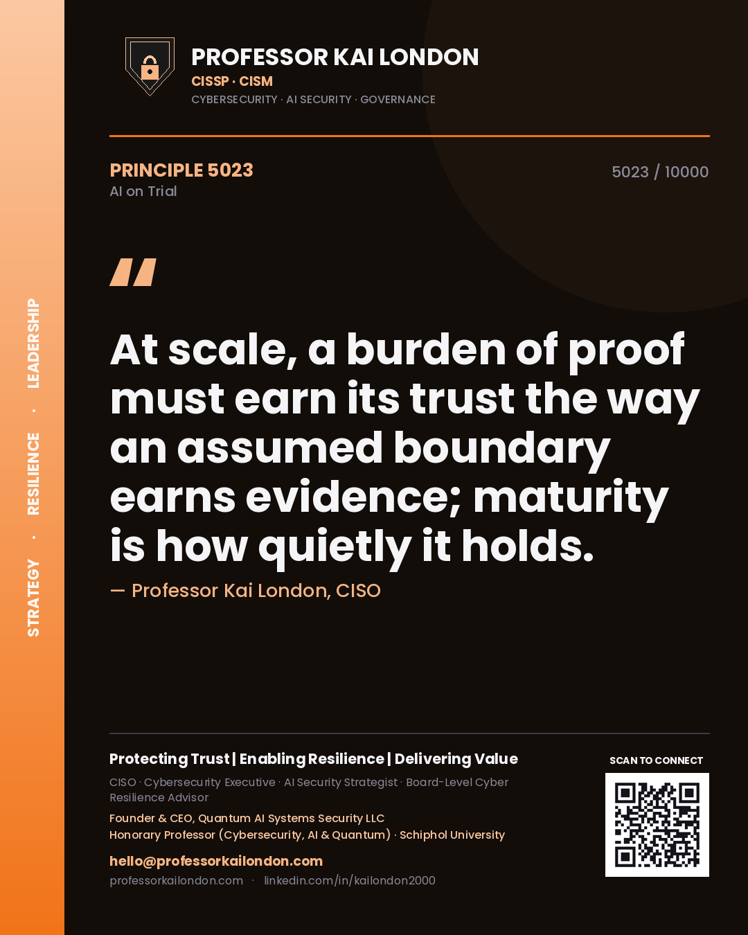 Quote card by Professor Kai London reading 'At scale, a burden of proof must earn its trust the way an assumed boundary earns evidence; maturity is how quietly it holds.'. From the book AI on Trial.