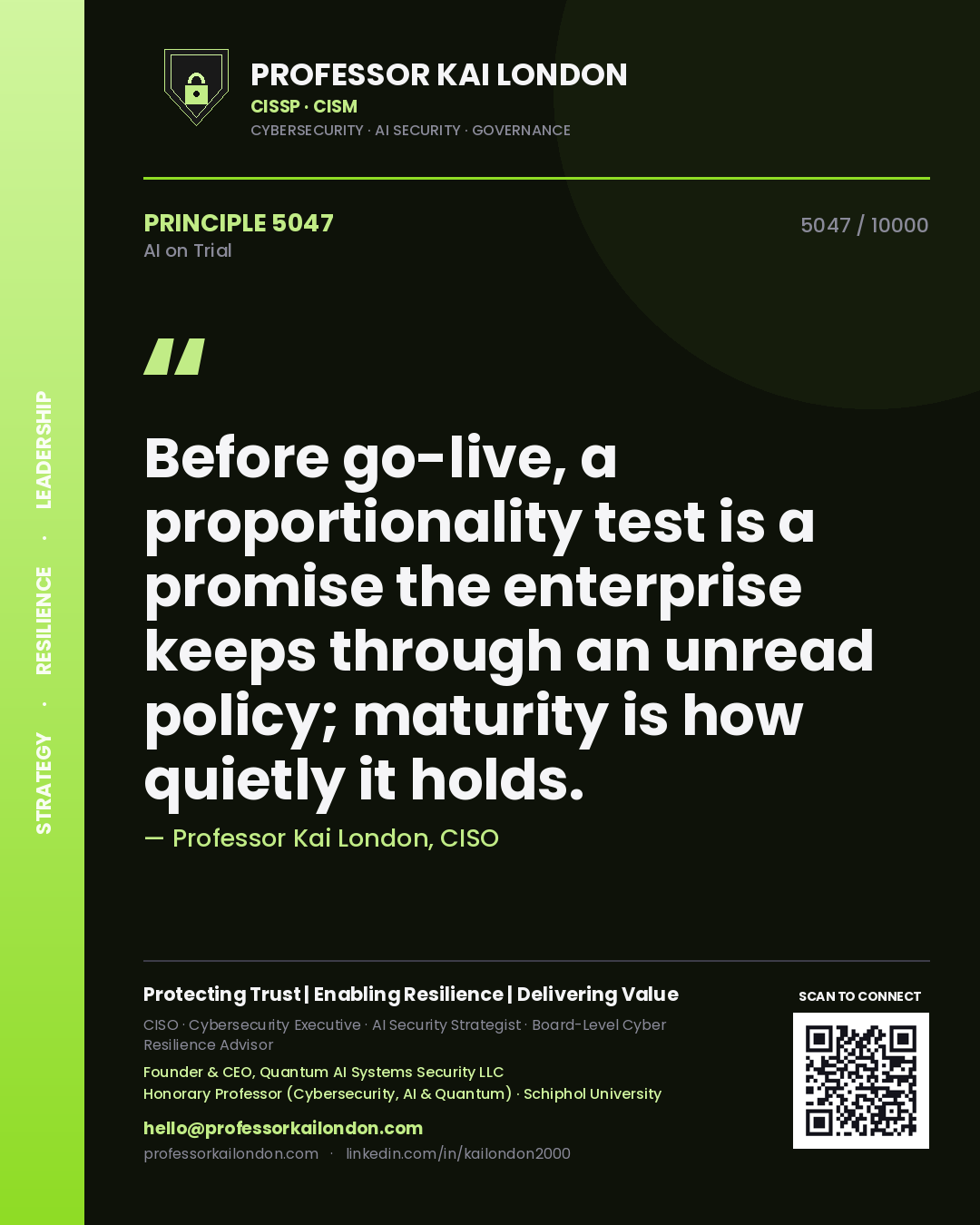Quote card by Professor Kai London reading 'Before go-live, a proportionality test is a promise the enterprise keeps through an unread policy; maturity is how quietly it holds.'. From the book AI on Trial.