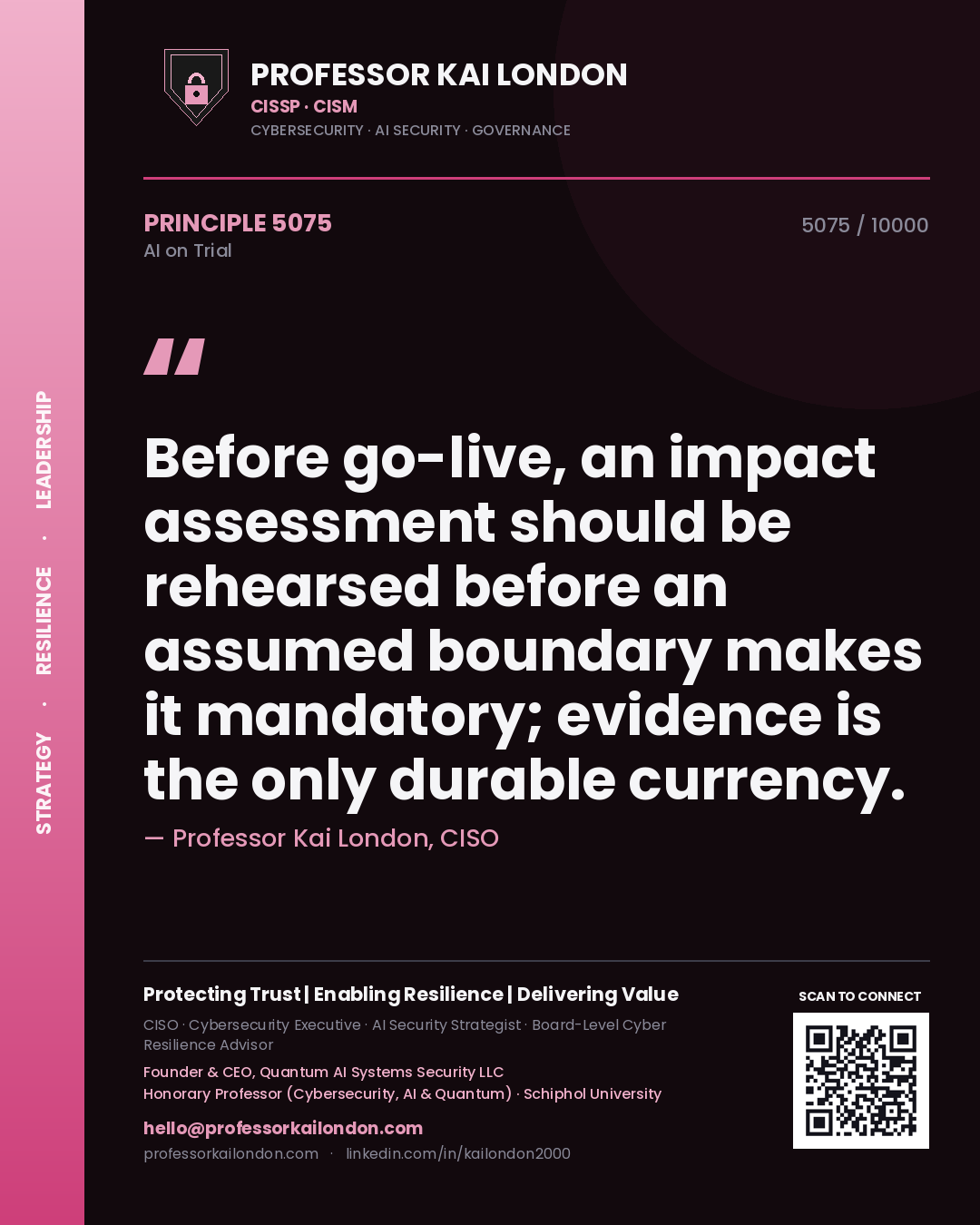 Quote card by Professor Kai London reading 'Before go-live, an impact assessment should be rehearsed before an assumed boundary makes it mandatory; evidence is the only durable currency.'. From the book AI on Trial.