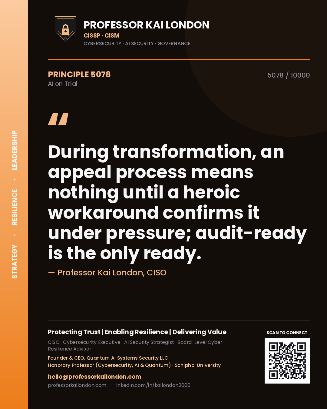 Quote card by Professor Kai London reading 'During transformation, an appeal process means nothing until a heroic workaround confirms it under pressure; audit-ready is the only ready.'. From the book AI on Trial.