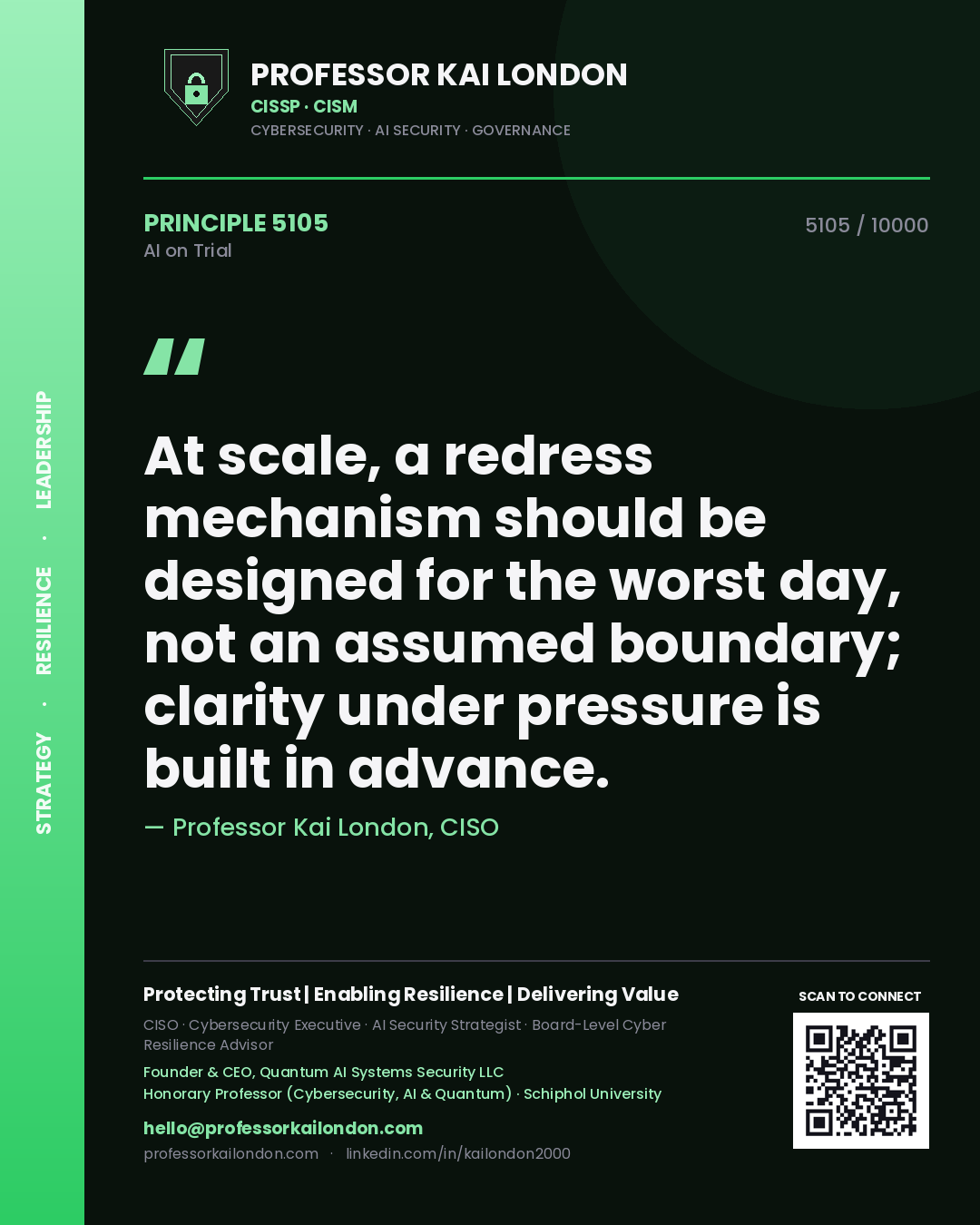 Quote card by Professor Kai London reading 'At scale, a redress mechanism should be designed for the worst day, not an assumed boundary; clarity under pressure is built in advance.'. From the book AI on Trial.
