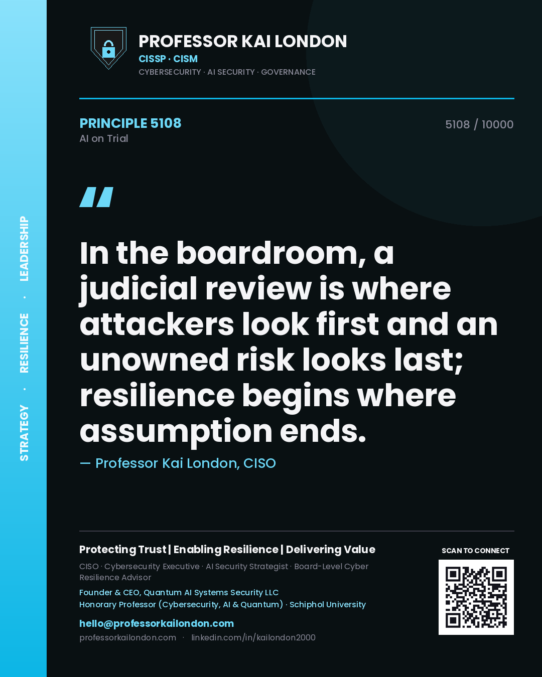 Quote card by Professor Kai London reading 'In the boardroom, a judicial review is where attackers look first and an unowned risk looks last; resilience begins where assumption ends.'. From the book AI on Trial.