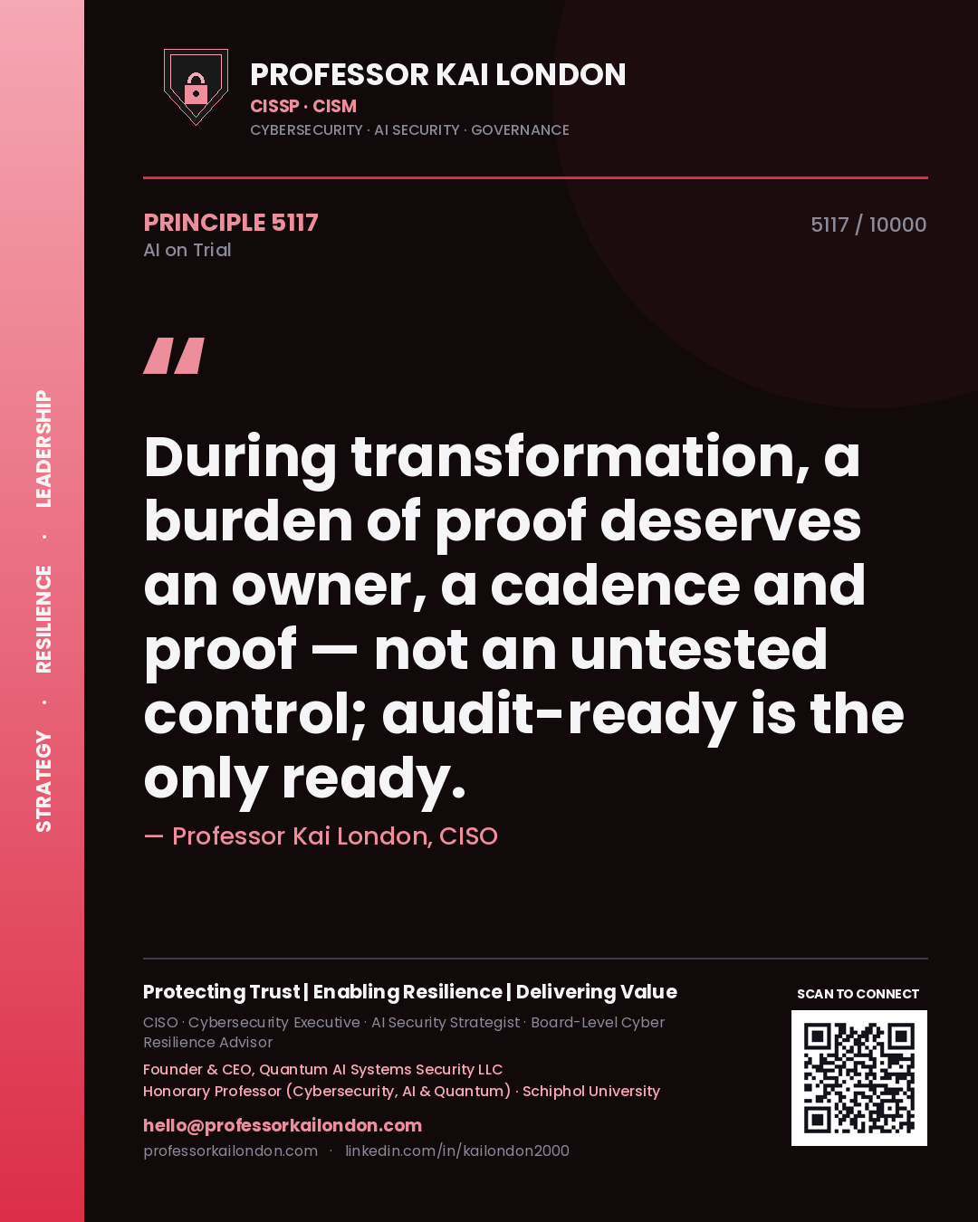 Quote card by Professor Kai London reading 'During transformation, a burden of proof deserves an owner, a cadence and proof — not an untested control; audit-ready is the only ready.'. From the book AI on Trial.
