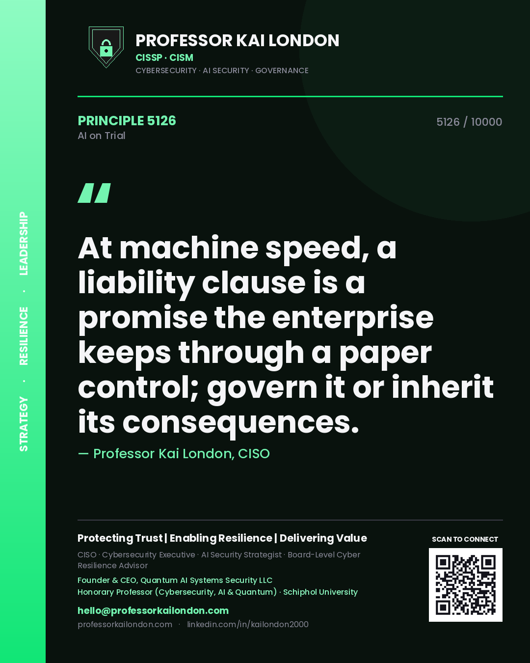 Quote card by Professor Kai London reading 'At machine speed, a liability clause is a promise the enterprise keeps through a paper control; govern it or inherit its consequences.'. From the book AI on Trial.
