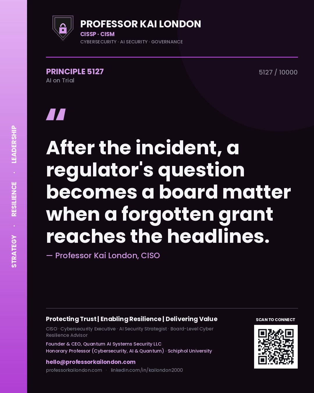 Quote card by Professor Kai London reading 'After the incident, a regulator's question becomes a board matter when a forgotten grant reaches the headlines.'. From the book AI on Trial.