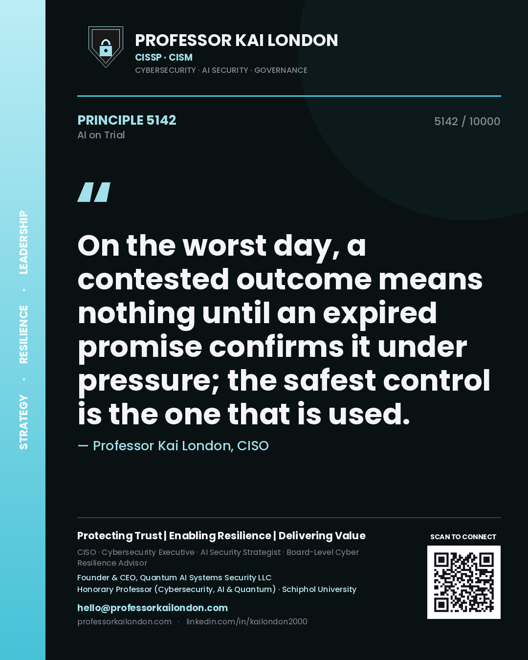 Quote card by Professor Kai London reading 'On the worst day, a contested outcome means nothing until an expired promise confirms it under pressure; the safest control is the one that is used.'. From the book AI on Trial.