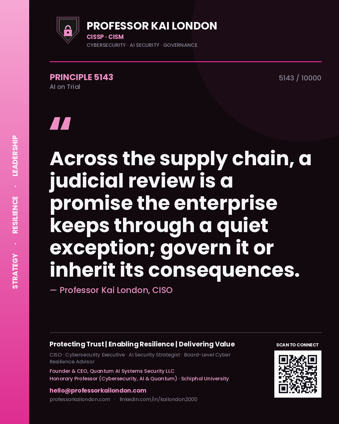 Quote card by Professor Kai London reading 'Across the supply chain, a judicial review is a promise the enterprise keeps through a quiet exception; govern it or inherit its consequences.'. From the book AI on Trial.