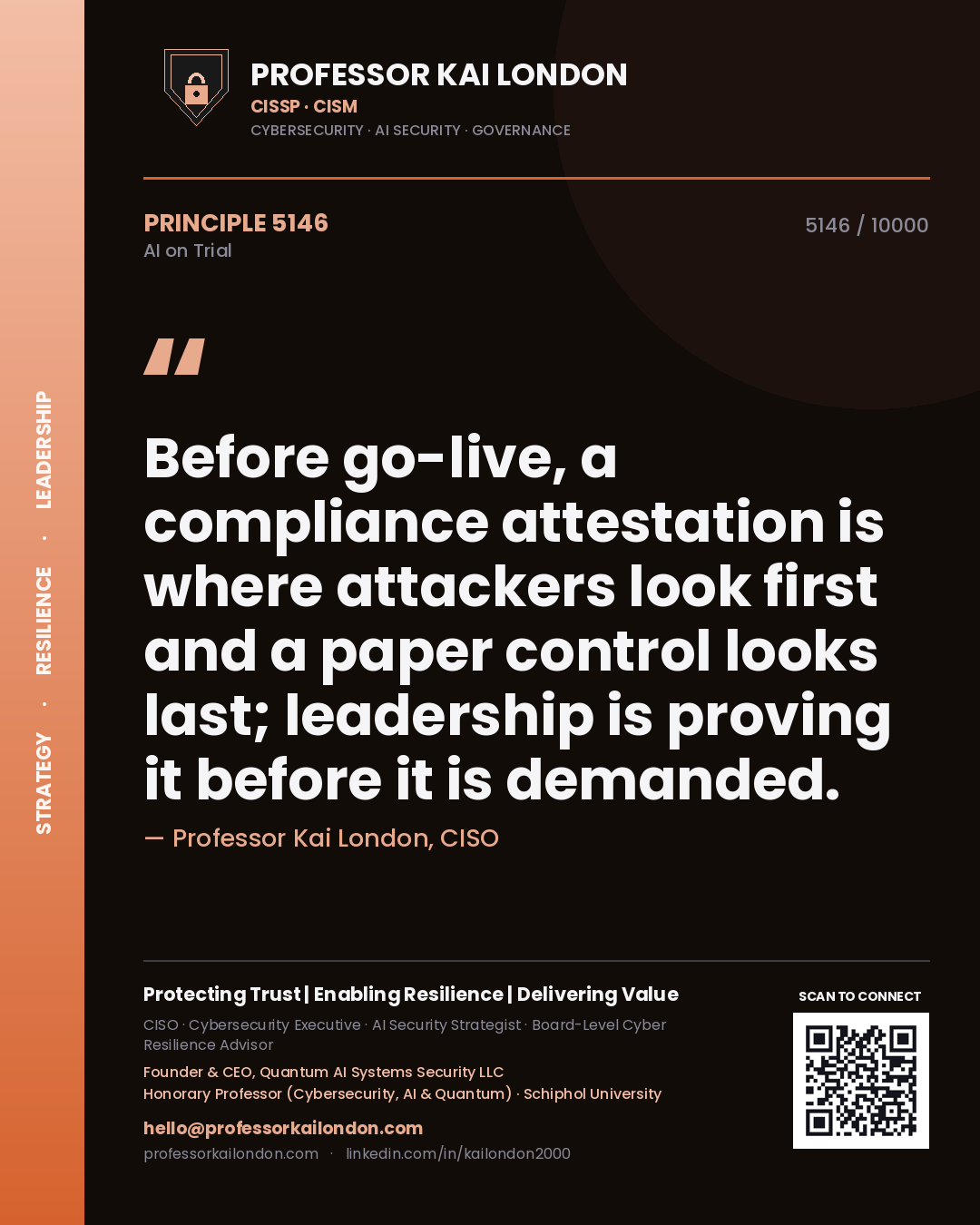 Quote card by Professor Kai London reading 'Before go-live, a compliance attestation is where attackers look first and a paper control looks last; leadership is proving it before it is demanded.'. From the book AI on Trial.