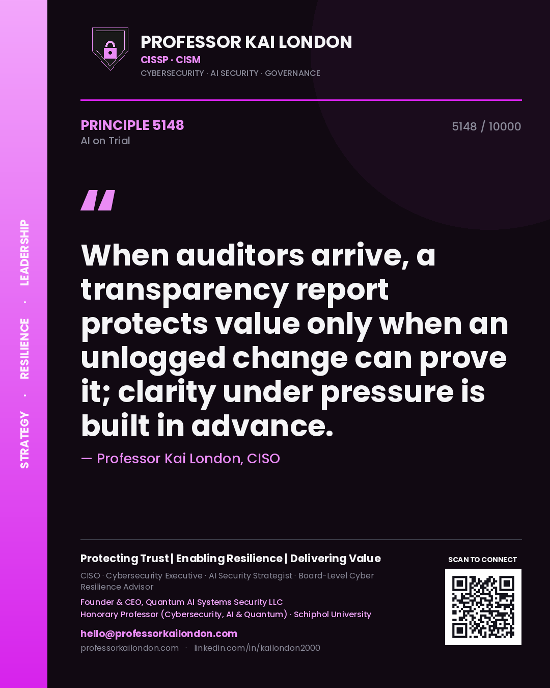 Quote card by Professor Kai London reading 'When auditors arrive, a transparency report protects value only when an unlogged change can prove it; clarity under pressure is built in advance.'. From the book AI on Trial.