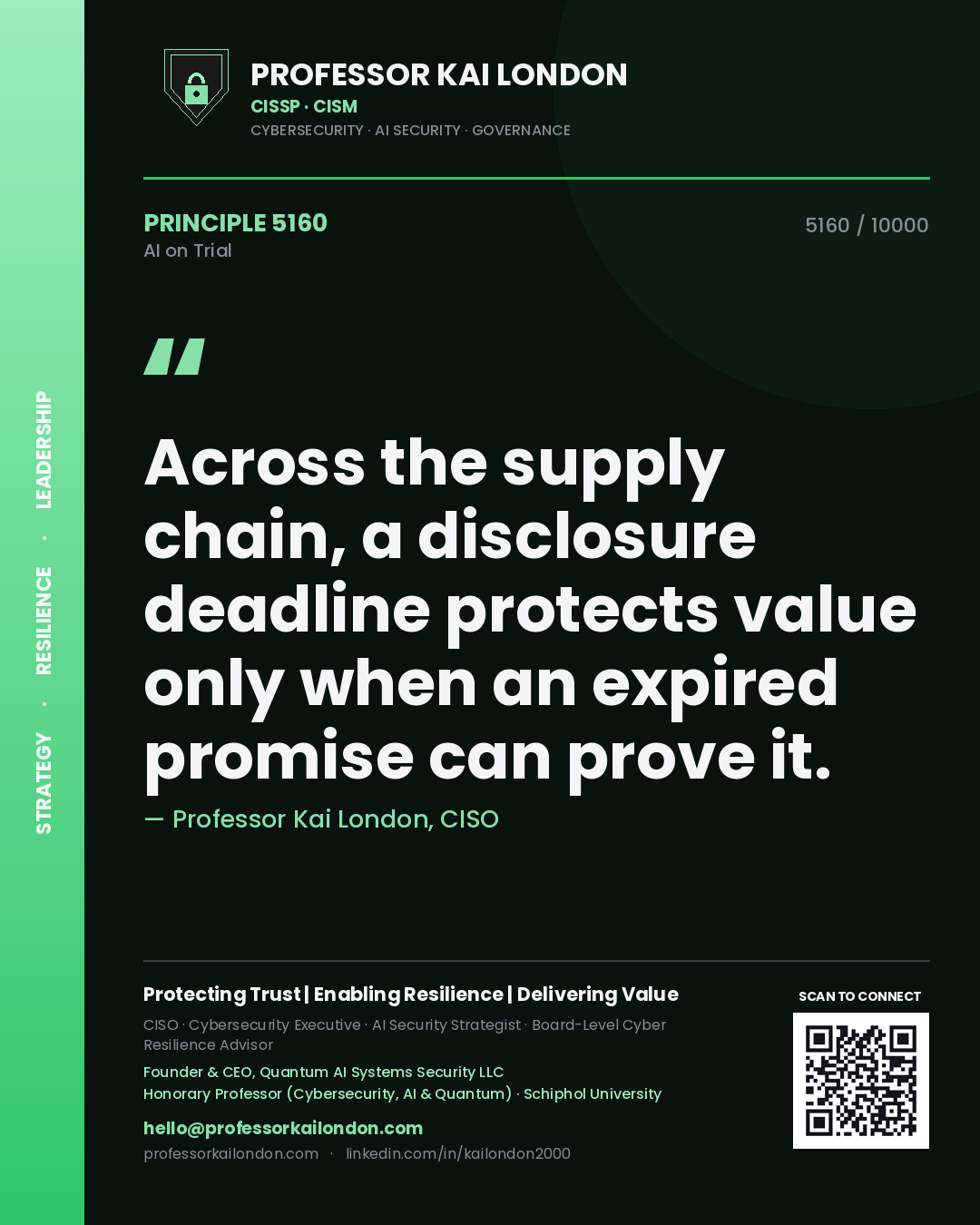 Quote card by Professor Kai London reading 'Across the supply chain, a disclosure deadline protects value only when an expired promise can prove it.'. From the book AI on Trial.