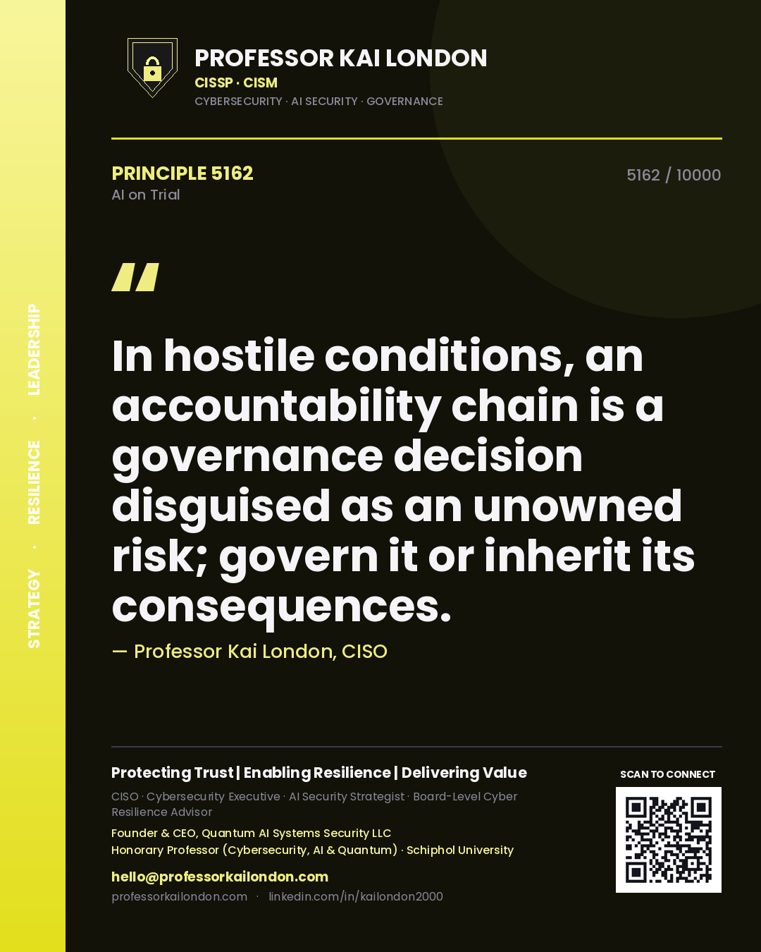 Quote card by Professor Kai London reading 'In hostile conditions, an accountability chain is a governance decision disguised as an unowned risk; govern it or inherit its consequences.'. From the book AI on Trial.