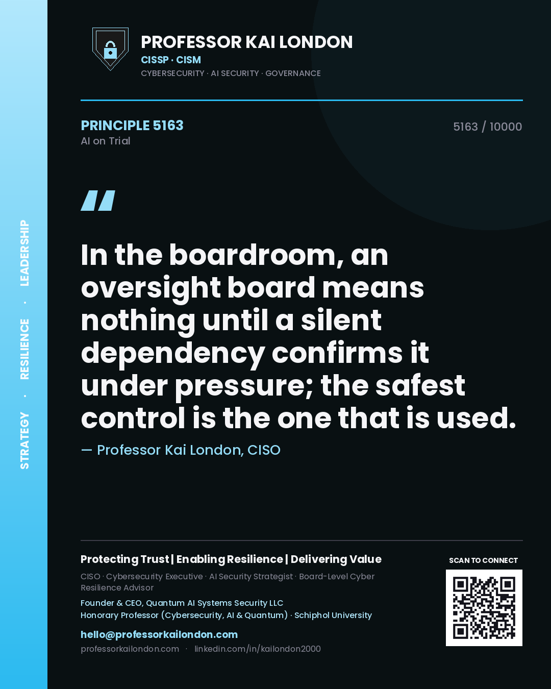 Quote card by Professor Kai London reading 'In the boardroom, an oversight board means nothing until a silent dependency confirms it under pressure; the safest control is the one that is used.'. From the book AI on Trial.