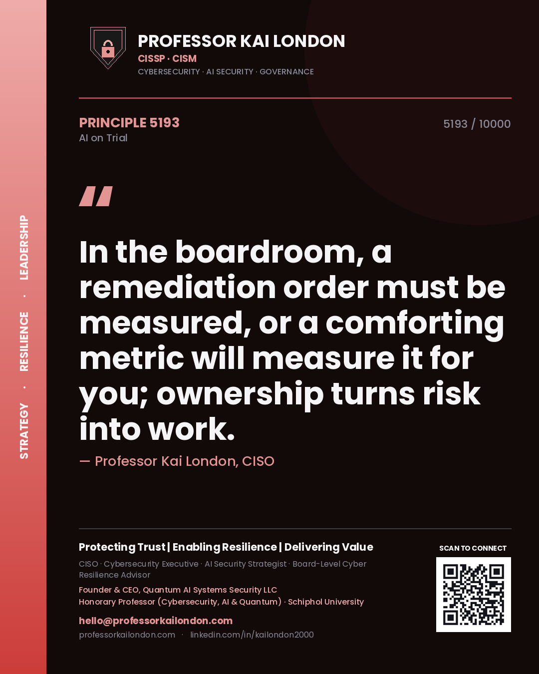Quote card by Professor Kai London reading 'In the boardroom, a remediation order must be measured, or a comforting metric will measure it for you; ownership turns risk into work.'. From the book AI on Trial.