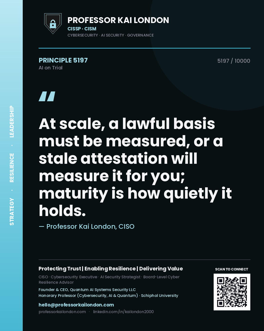 Quote card by Professor Kai London reading 'At scale, a lawful basis must be measured, or a stale attestation will measure it for you; maturity is how quietly it holds.'. From the book AI on Trial.