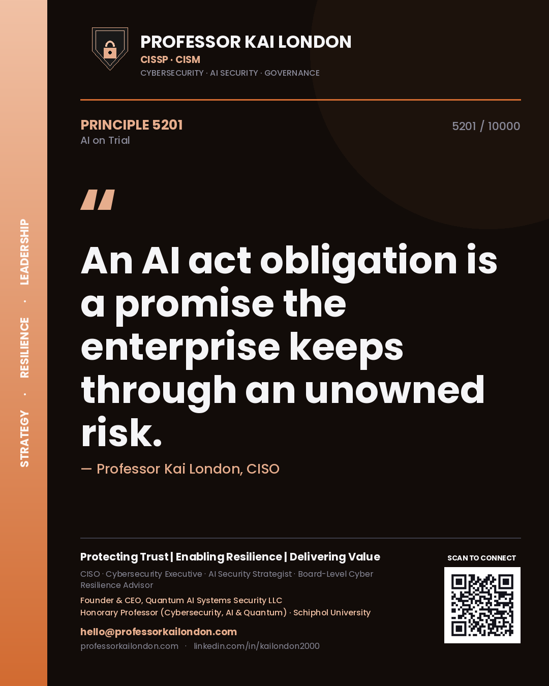 Quote card by Professor Kai London reading 'An AI act obligation is a promise the enterprise keeps through an unowned risk.'. From the book AI on Trial.