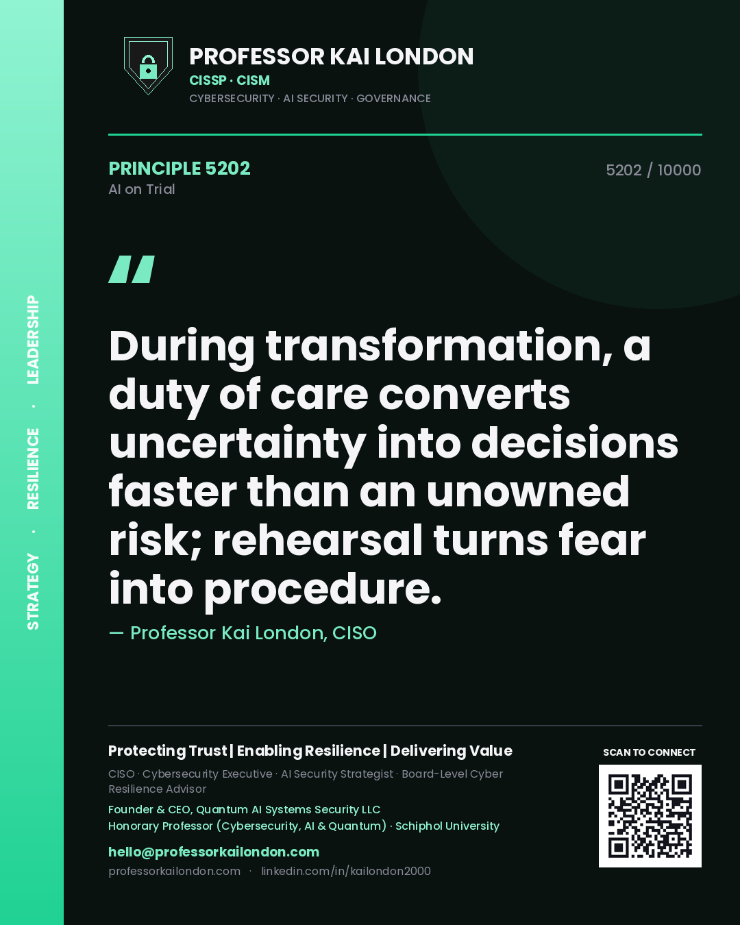 Quote card by Professor Kai London reading 'During transformation, a duty of care converts uncertainty into decisions faster than an unowned risk; rehearsal turns fear into procedure.'. From the book AI on Trial.