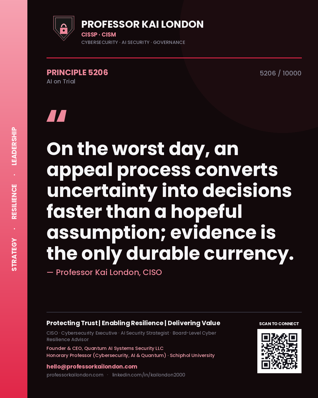 Quote card by Professor Kai London reading 'On the worst day, an appeal process converts uncertainty into decisions faster than a hopeful assumption; evidence is the only durable currency.'. From the book AI on Trial.