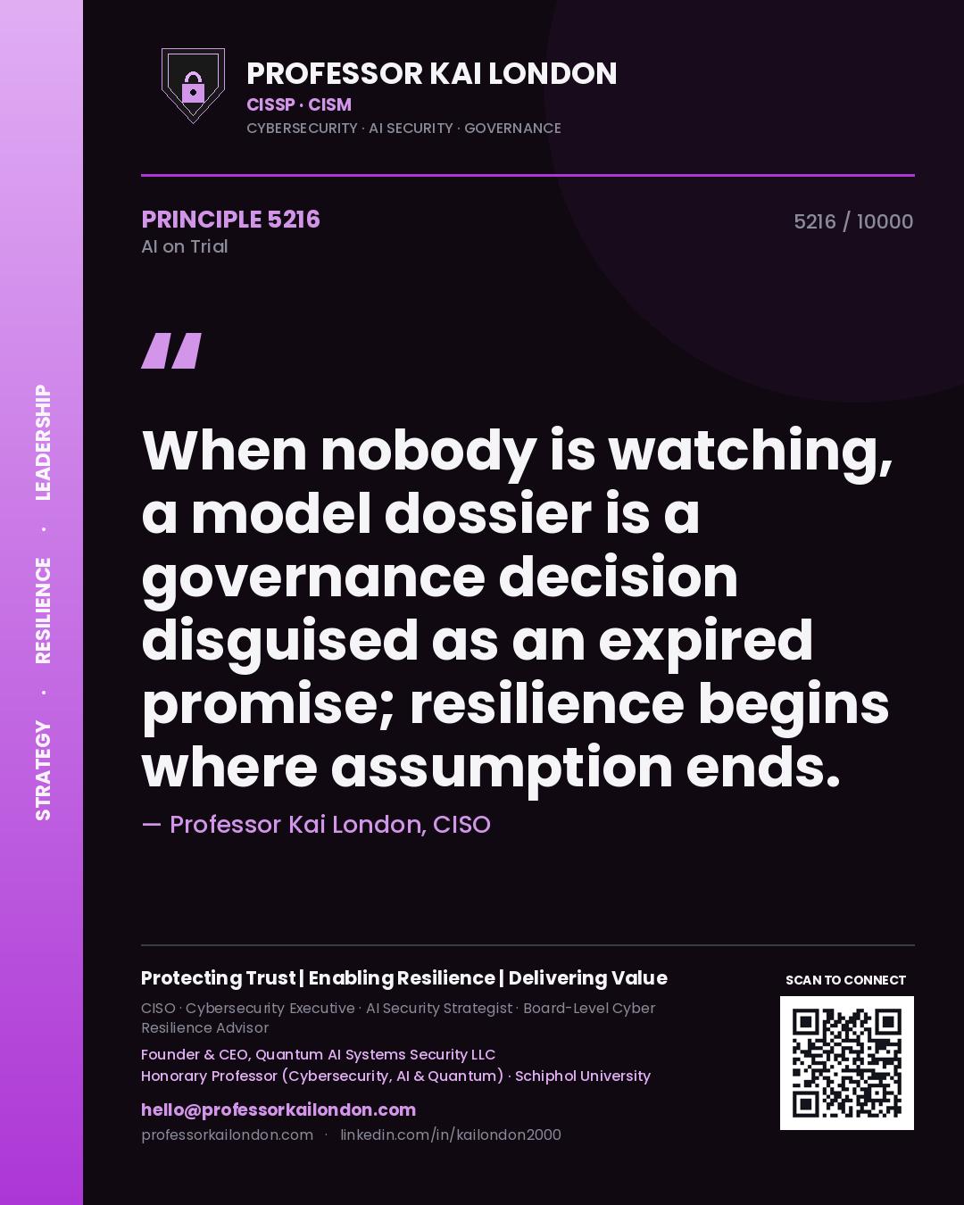 Quote card by Professor Kai London reading 'When nobody is watching, a model dossier is a governance decision disguised as an expired promise; resilience begins where assumption ends.'. From the book AI on Trial.