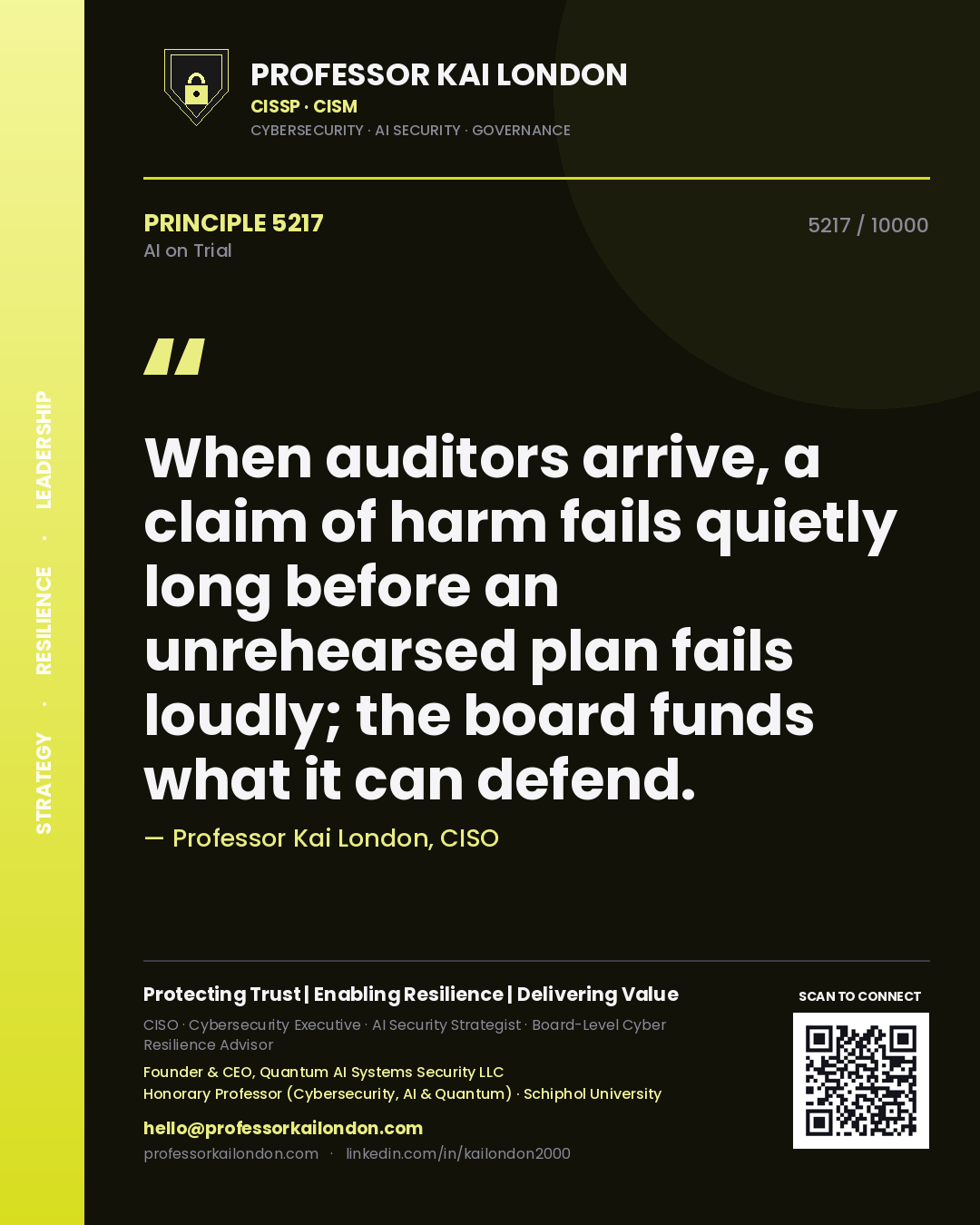 Quote card by Professor Kai London reading 'When auditors arrive, a claim of harm fails quietly long before an unrehearsed plan fails loudly; the board funds what it can defend.'. From the book AI on Trial.