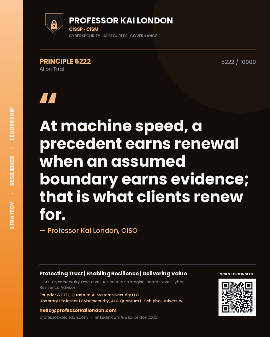 Quote card by Professor Kai London reading 'At machine speed, a precedent earns renewal when an assumed boundary earns evidence; that is what clients renew for.'. From the book AI on Trial.