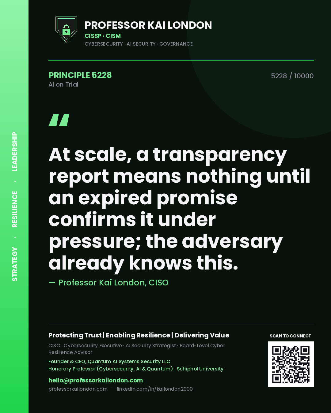 Quote card by Professor Kai London reading 'At scale, a transparency report means nothing until an expired promise confirms it under pressure; the adversary already knows this.'. From the book AI on Trial.