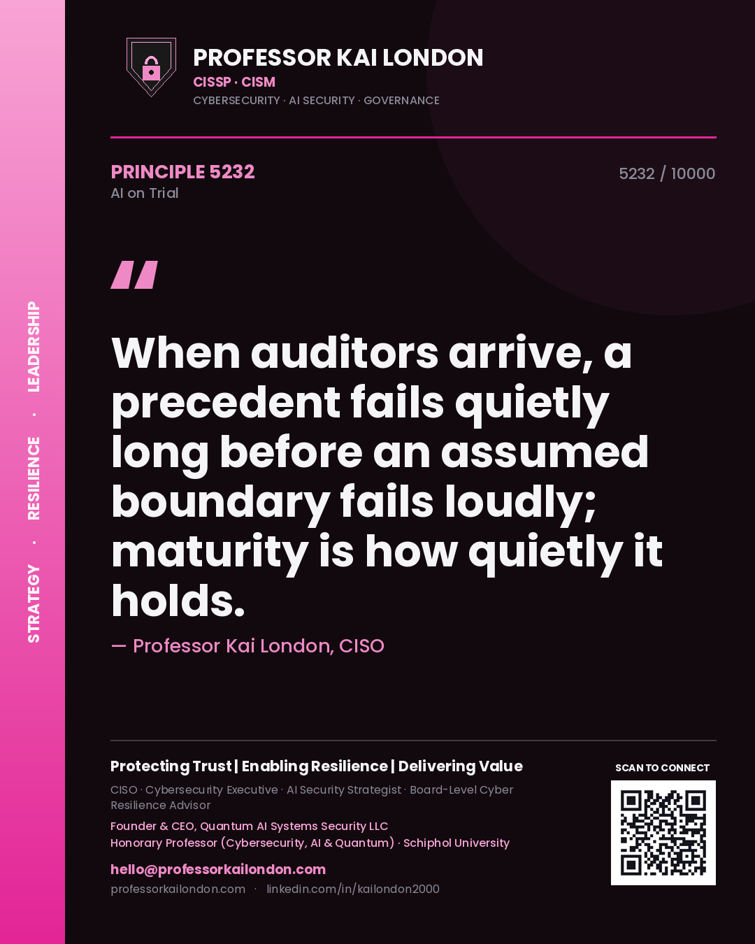 Quote card by Professor Kai London reading 'When auditors arrive, a precedent fails quietly long before an assumed boundary fails loudly; maturity is how quietly it holds.'. From the book AI on Trial.