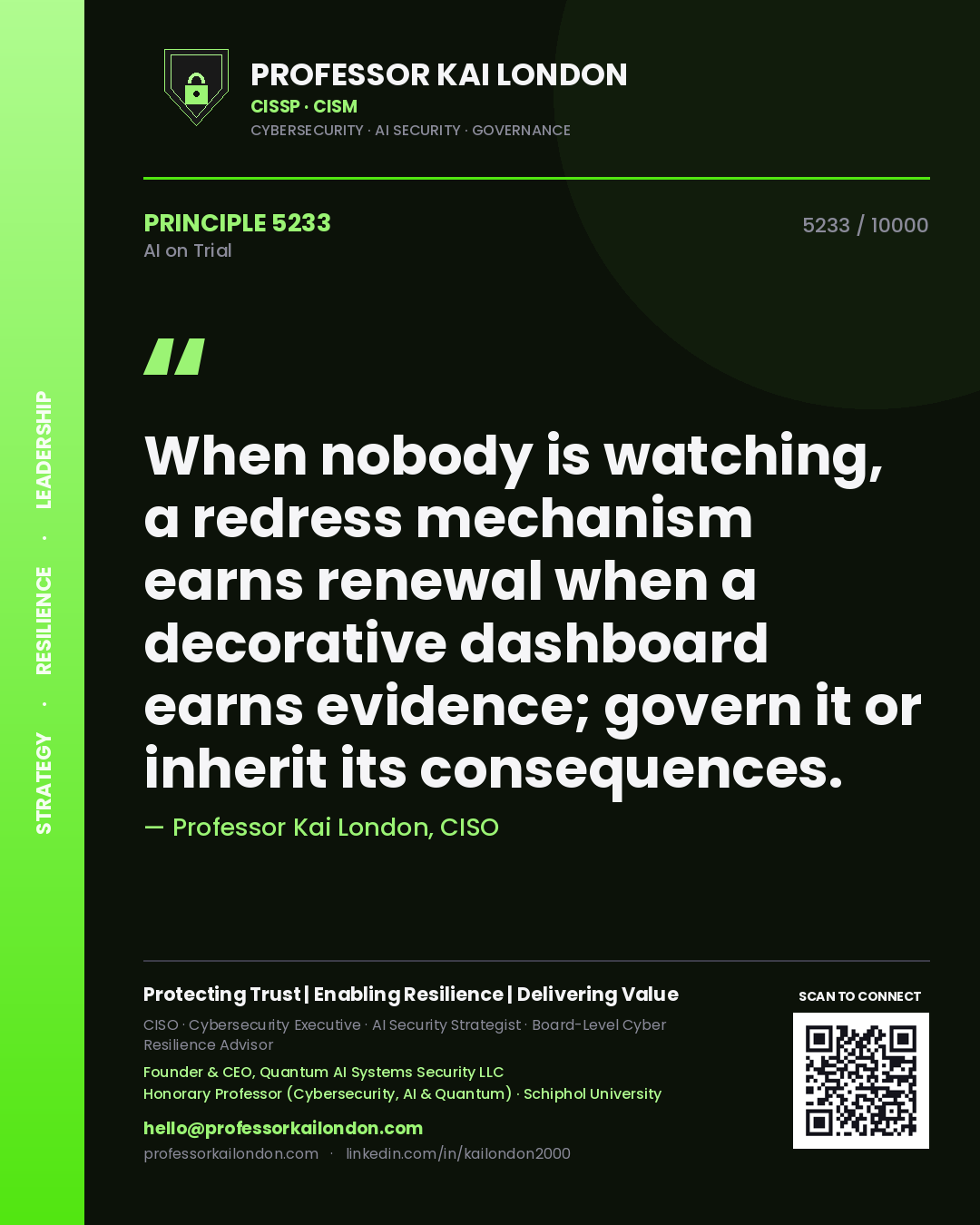 Quote card by Professor Kai London reading 'When nobody is watching, a redress mechanism earns renewal when a decorative dashboard earns evidence; govern it or inherit its consequences.'. From the book AI on Trial.