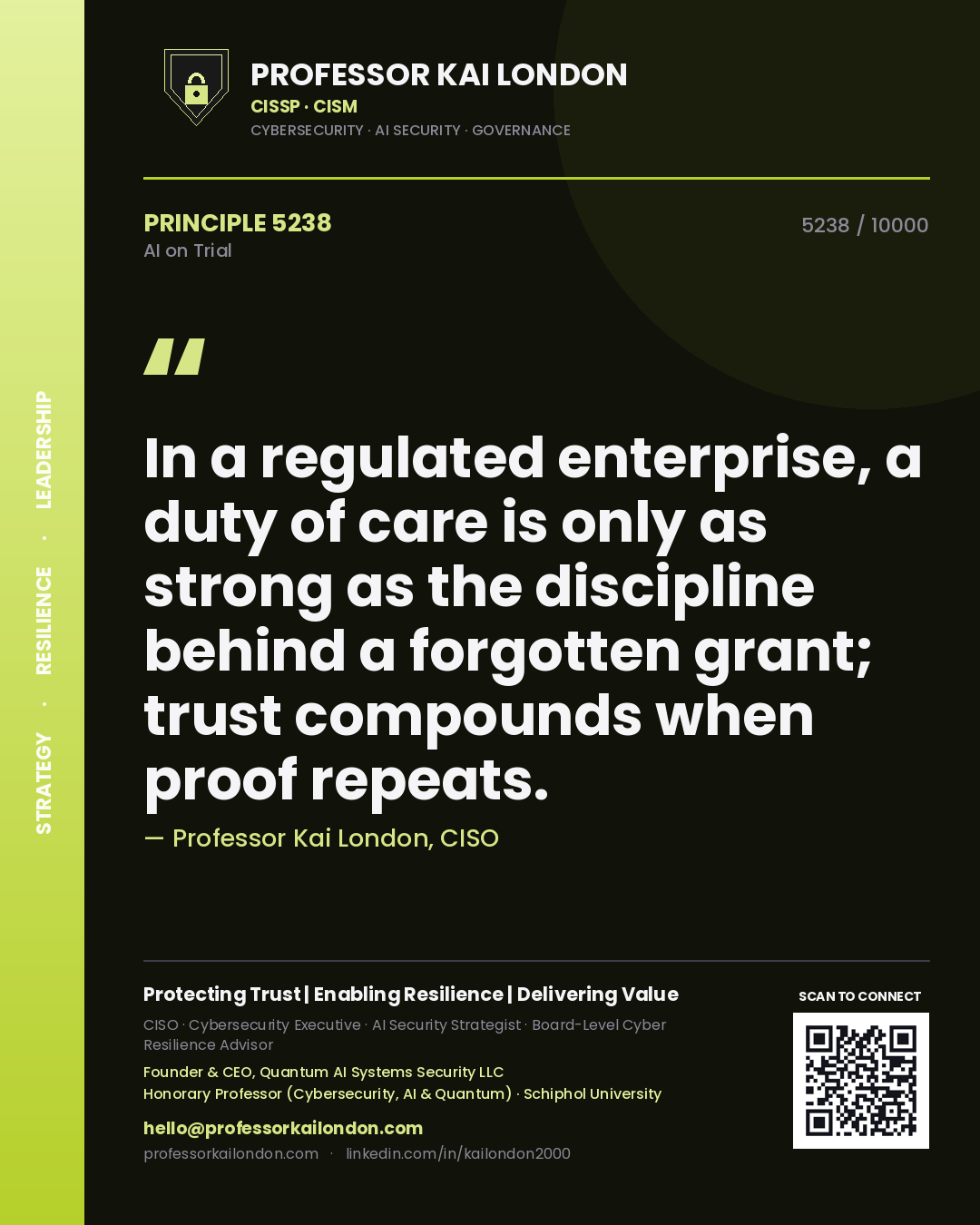 Quote card by Professor Kai London reading 'In a regulated enterprise, a duty of care is only as strong as the discipline behind a forgotten grant; trust compounds when proof repeats.'. From the book AI on Trial.