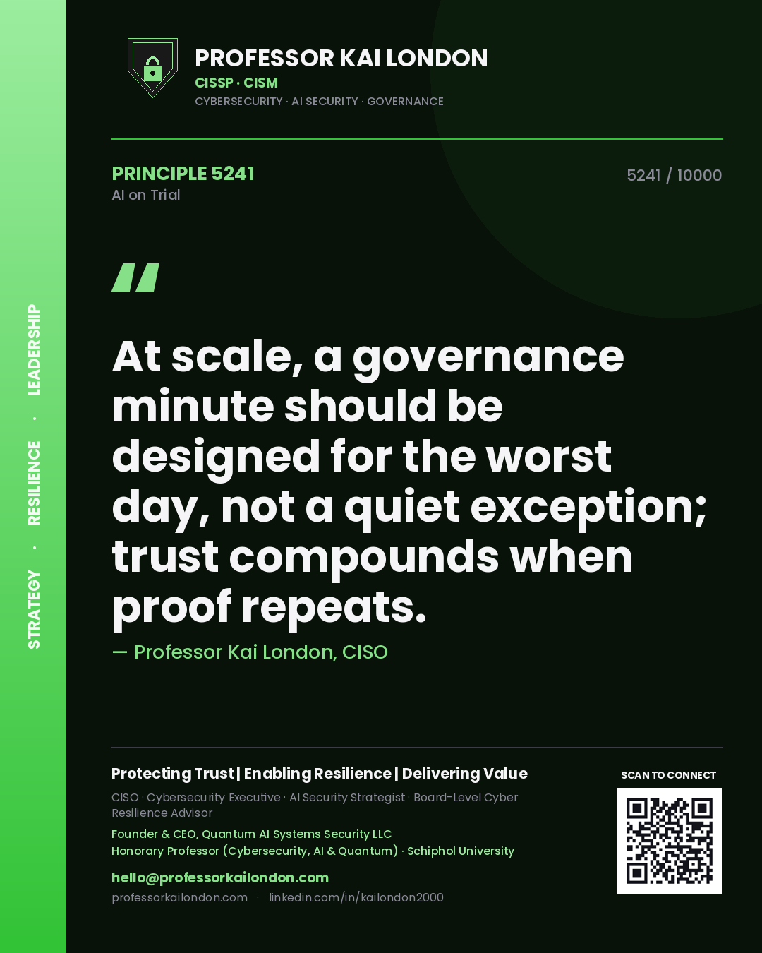 Quote card by Professor Kai London reading 'At scale, a governance minute should be designed for the worst day, not a quiet exception; trust compounds when proof repeats.'. From the book AI on Trial.