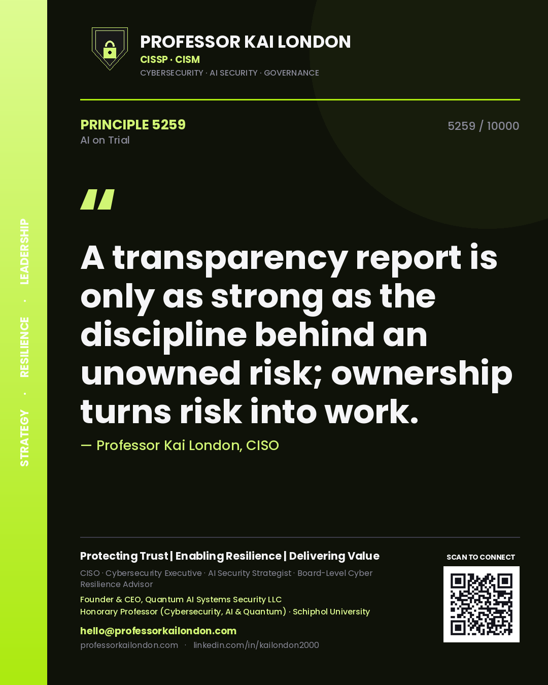 Quote card by Professor Kai London reading 'A transparency report is only as strong as the discipline behind an unowned risk; ownership turns risk into work.'. From the book AI on Trial.