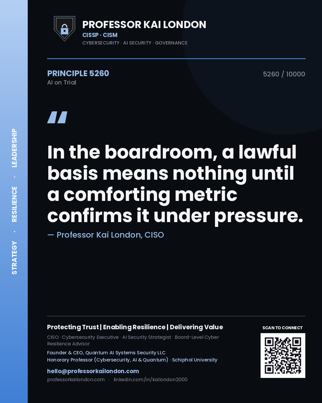 Quote card by Professor Kai London reading 'In the boardroom, a lawful basis means nothing until a comforting metric confirms it under pressure.'. From the book AI on Trial.