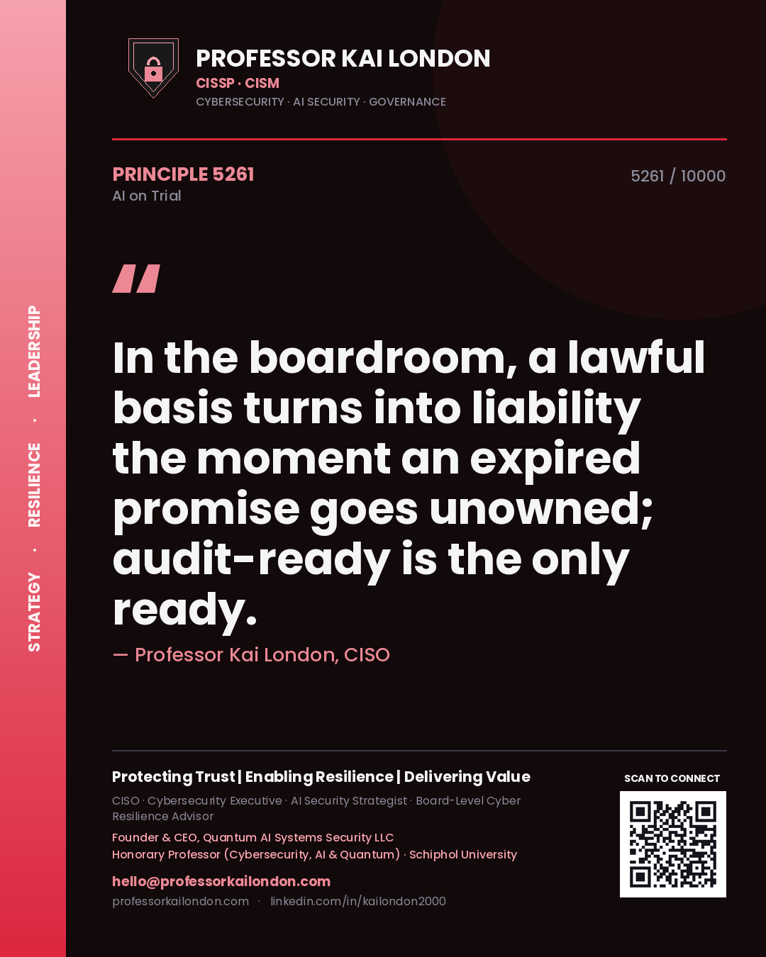 Quote card by Professor Kai London reading 'In the boardroom, a lawful basis turns into liability the moment an expired promise goes unowned; audit-ready is the only ready.'. From the book AI on Trial.