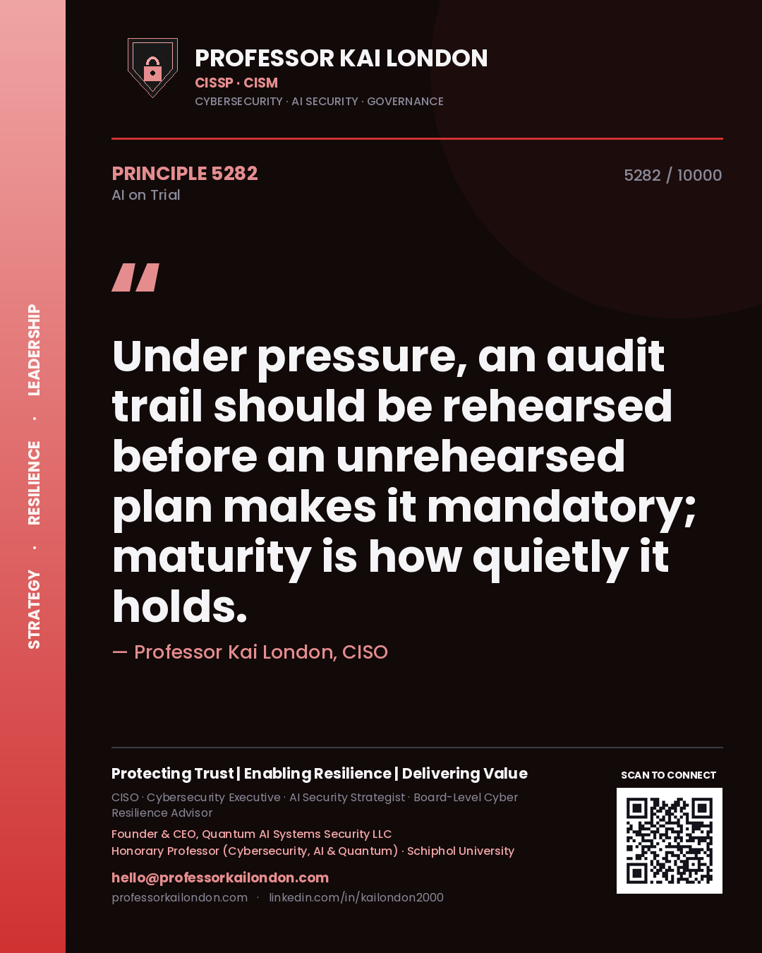 Quote card by Professor Kai London reading 'Under pressure, an audit trail should be rehearsed before an unrehearsed plan makes it mandatory; maturity is how quietly it holds.'. From the book AI on Trial.
