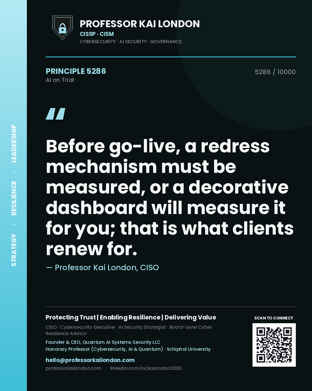 Quote card by Professor Kai London reading 'Before go-live, a redress mechanism must be measured, or a decorative dashboard will measure it for you; that is what clients renew for.'. From the book AI on Trial.