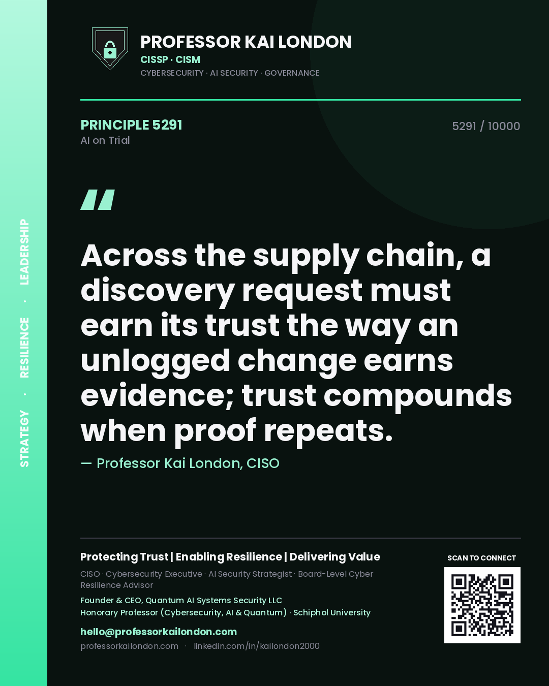 Quote card by Professor Kai London reading 'Across the supply chain, a discovery request must earn its trust the way an unlogged change earns evidence; trust compounds when proof repeats.'. From the book AI on Trial.