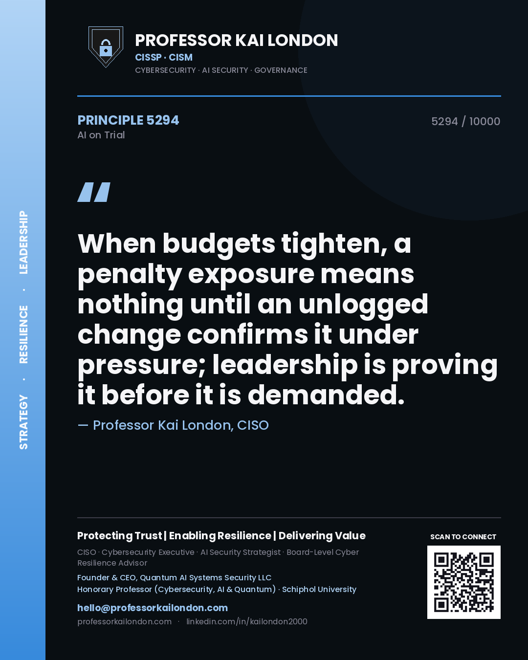 Quote card by Professor Kai London reading 'When budgets tighten, a penalty exposure means nothing until an unlogged change confirms it under pressure; leadership is proving it before it is demanded.'. From the book AI on Trial.