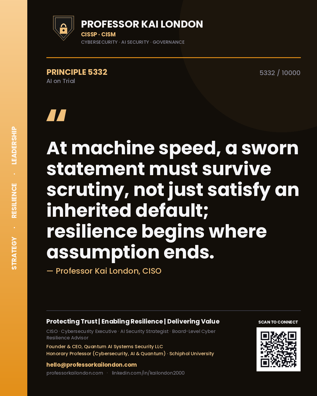 Quote card by Professor Kai London reading 'At machine speed, a sworn statement must survive scrutiny, not just satisfy an inherited default; resilience begins where assumption ends.'. From the book AI on Trial.