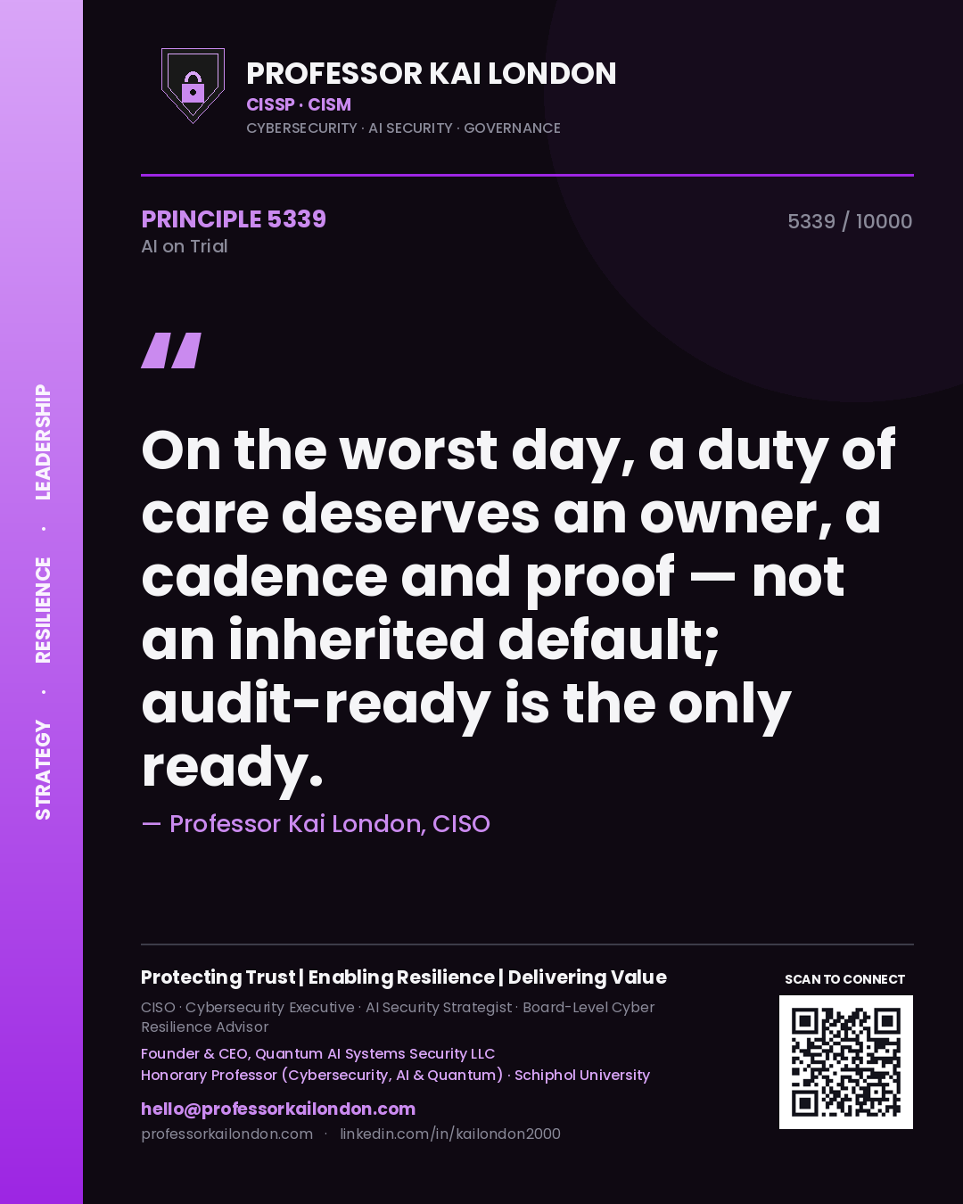 Quote card by Professor Kai London reading 'On the worst day, a duty of care deserves an owner, a cadence and proof — not an inherited default; audit-ready is the only ready.'. From the book AI on Trial.