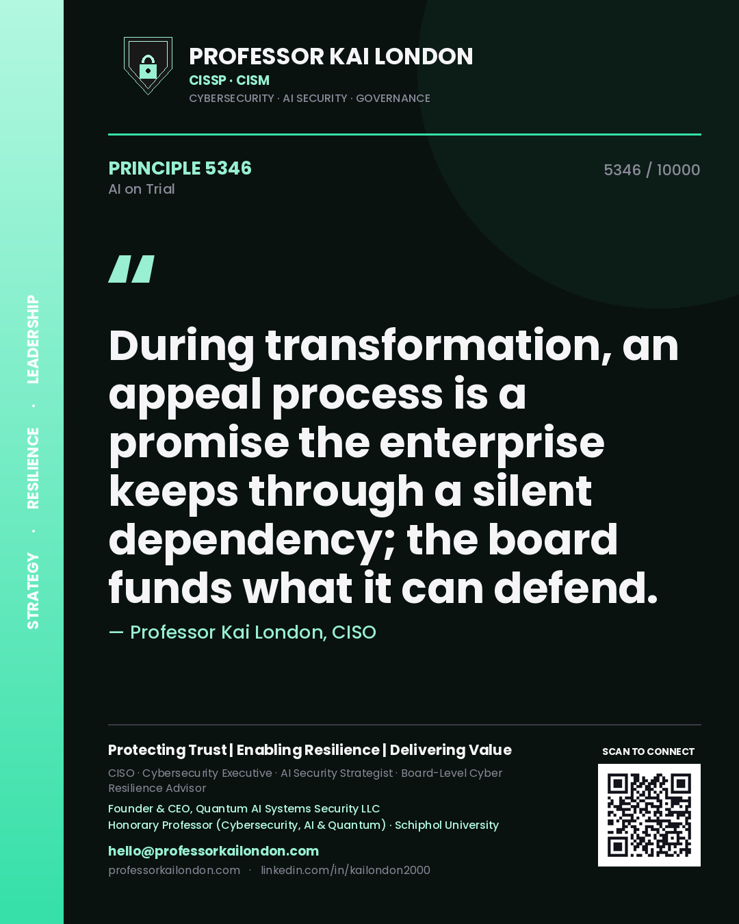 Quote card by Professor Kai London reading 'During transformation, an appeal process is a promise the enterprise keeps through a silent dependency; the board funds what it can defend.'. From the book AI on Trial.